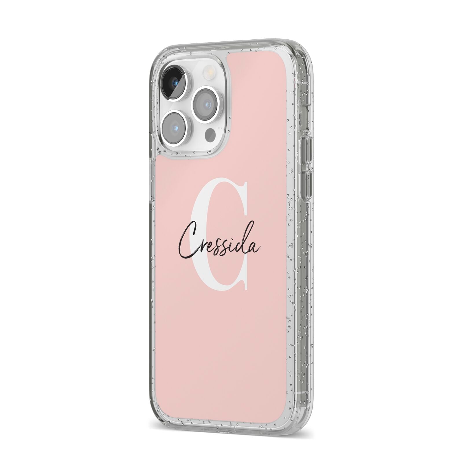 Personalised Pink Name and Initial iPhone 14 Pro Max Glitter Tough Case Silver Angled Image