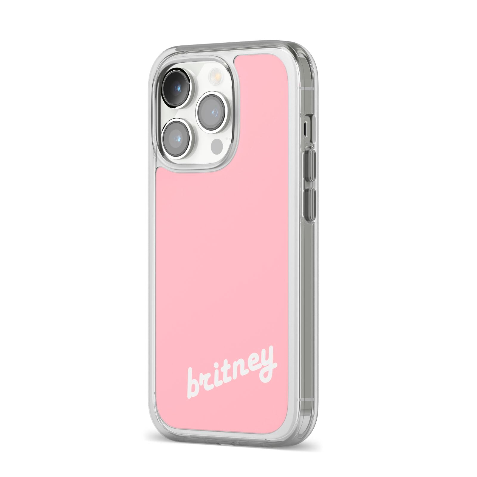 Personalised Pink Name iPhone 14 Pro Clear Tough Case Silver Angled Image