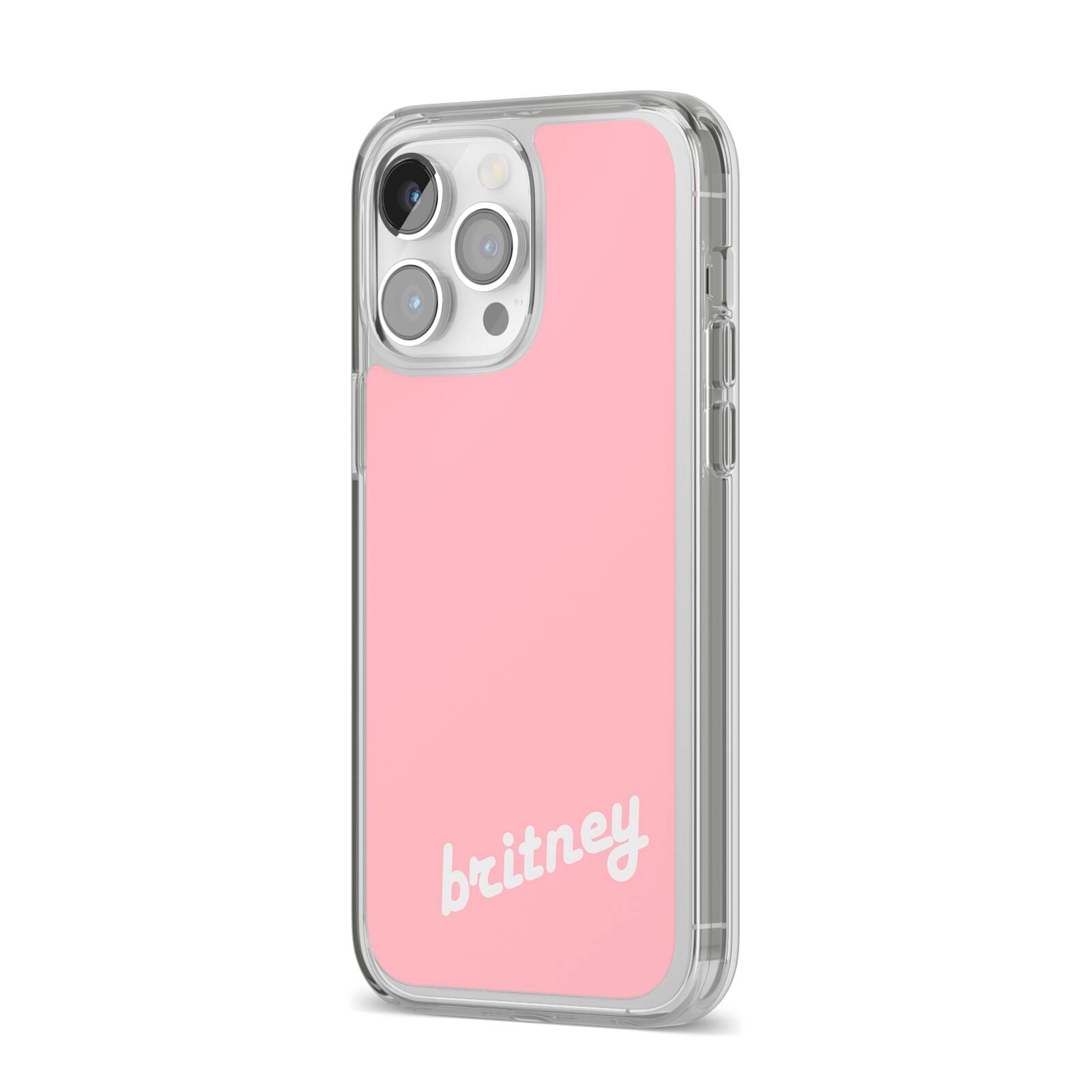 Personalised Pink Name iPhone 14 Pro Max Clear Tough Case Silver Angled Image