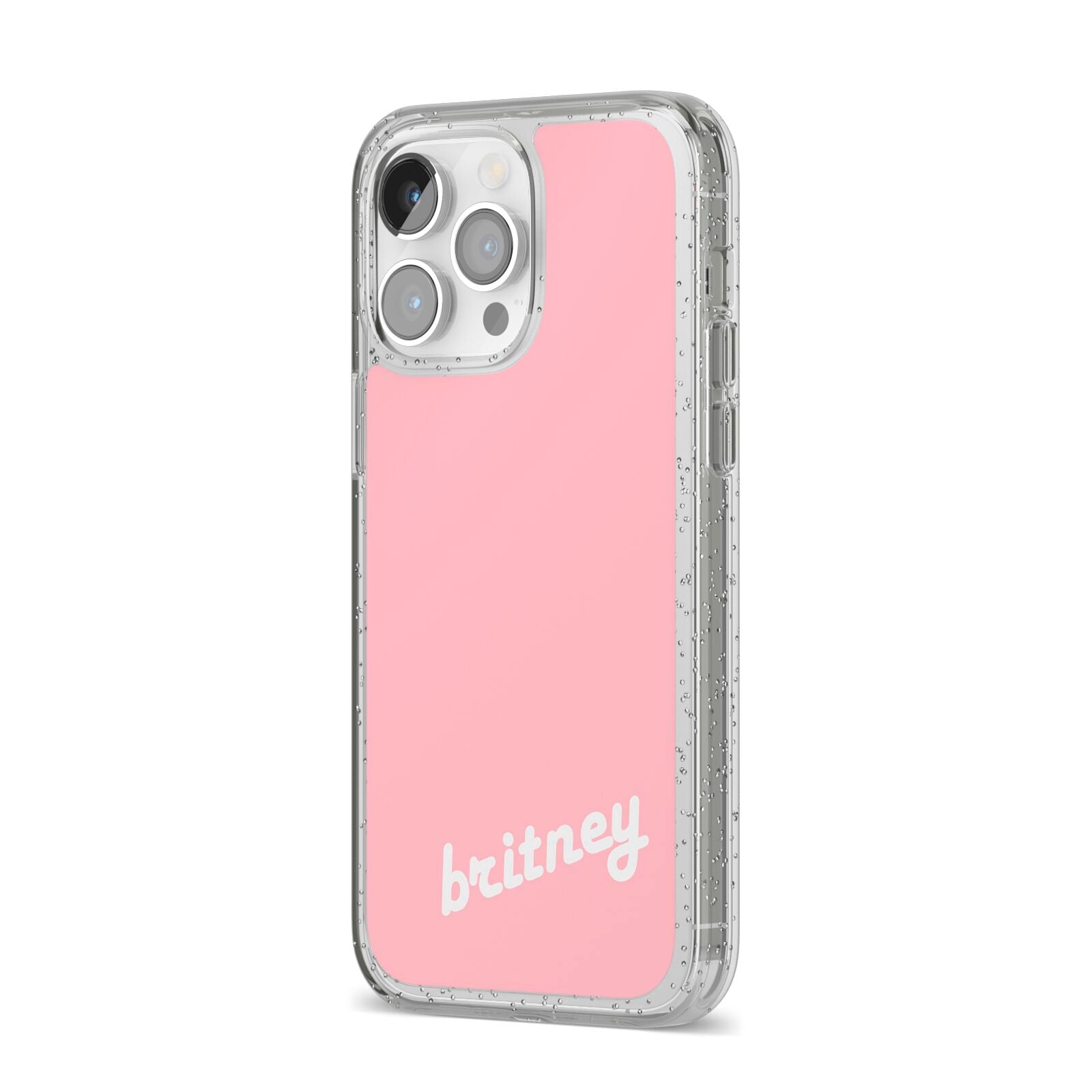 Personalised Pink Name iPhone 14 Pro Max Glitter Tough Case Silver Angled Image