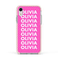 Personalised Pink Names Apple iPhone XR Impact Case Pink Edge on Silver Phone