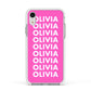 Personalised Pink Names Apple iPhone XR Impact Case White Edge on Silver Phone