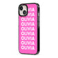 Personalised Pink Names iPhone 13 Black Impact Case Side Angle on Silver phone