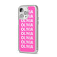 Personalised Pink Names iPhone 14 Pro Max Clear Tough Case Silver Angled Image