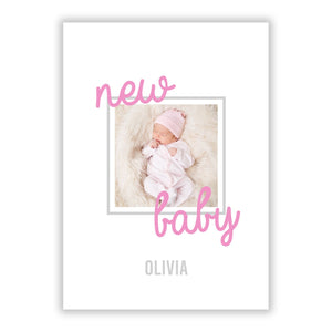 Personalised Pink New Baby Photograph Greetings Card