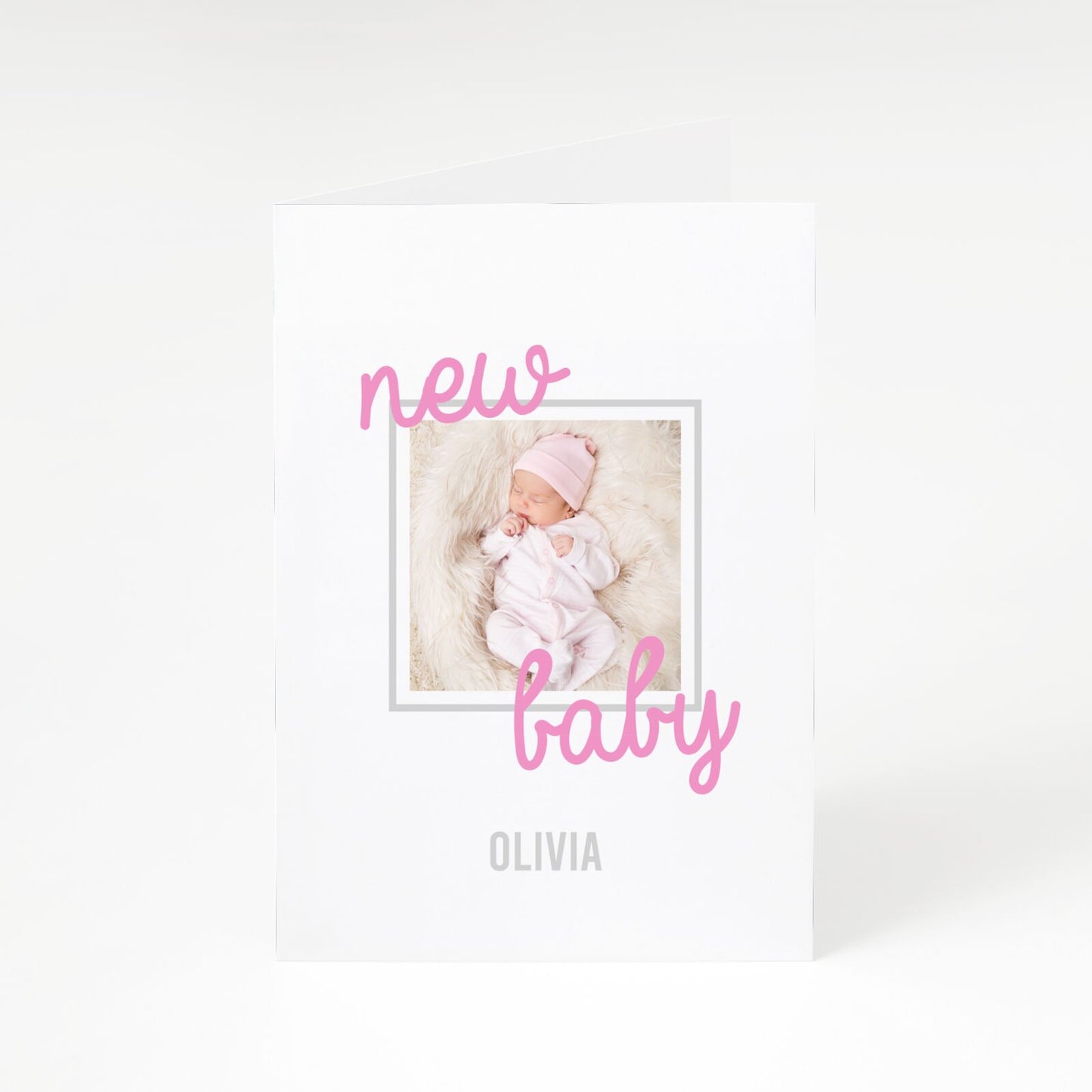 Personalised Pink New Baby Photograph A5 Greetings Card