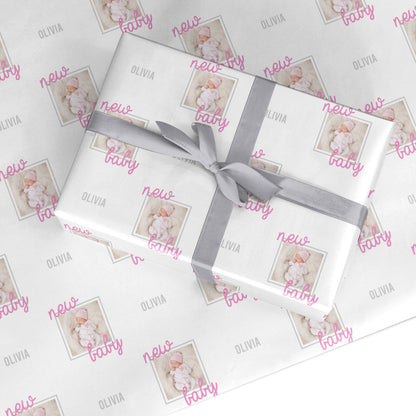 Personalised Pink New Baby Photograph Custom Wrapping Paper