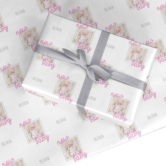 Personalised Pink New Baby Photograph Custom Wrapping Paper