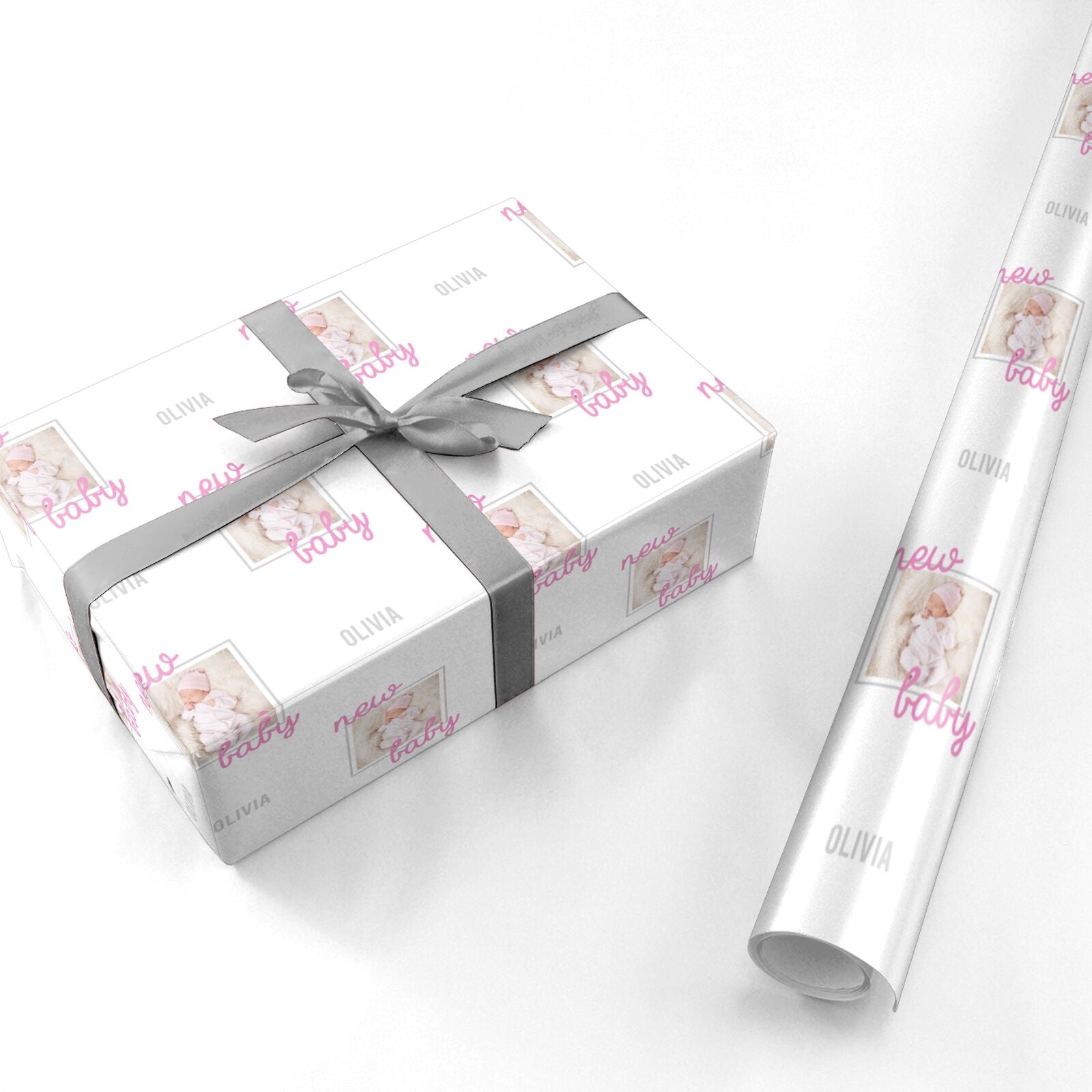 Personalised Pink New Baby Photograph Personalised Wrapping Paper