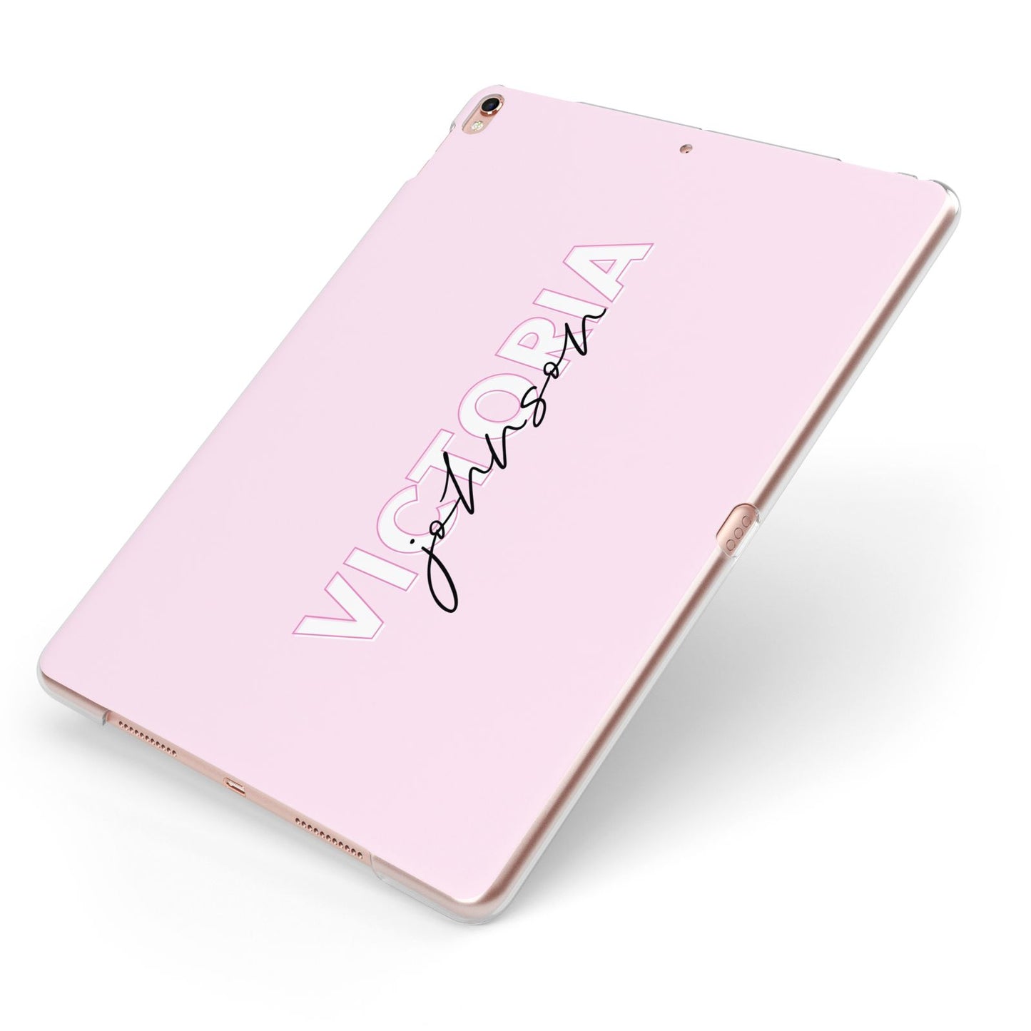 Personalised Pink Outline Name Apple iPad Case on Rose Gold iPad Side View