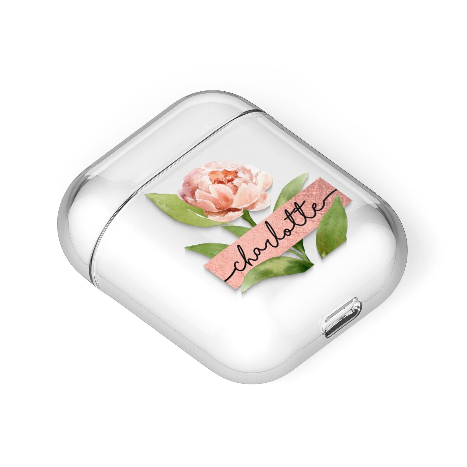 Personalised Pink Peony AirPods Case Laid Flat