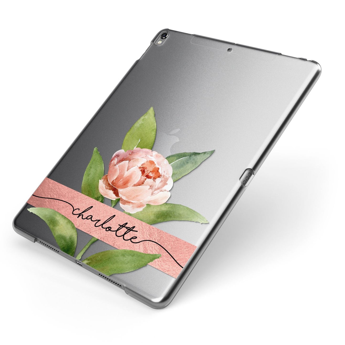 Personalised Pink Peony Apple iPad Case on Grey iPad Side View