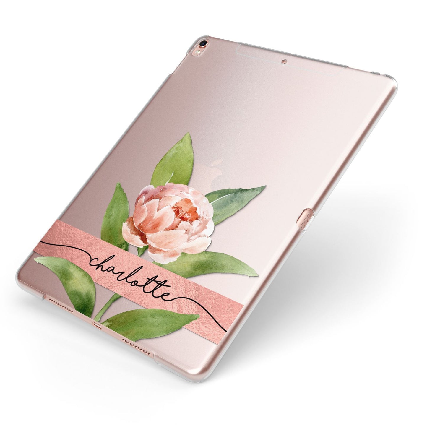 Personalised Pink Peony Apple iPad Case on Rose Gold iPad Side View