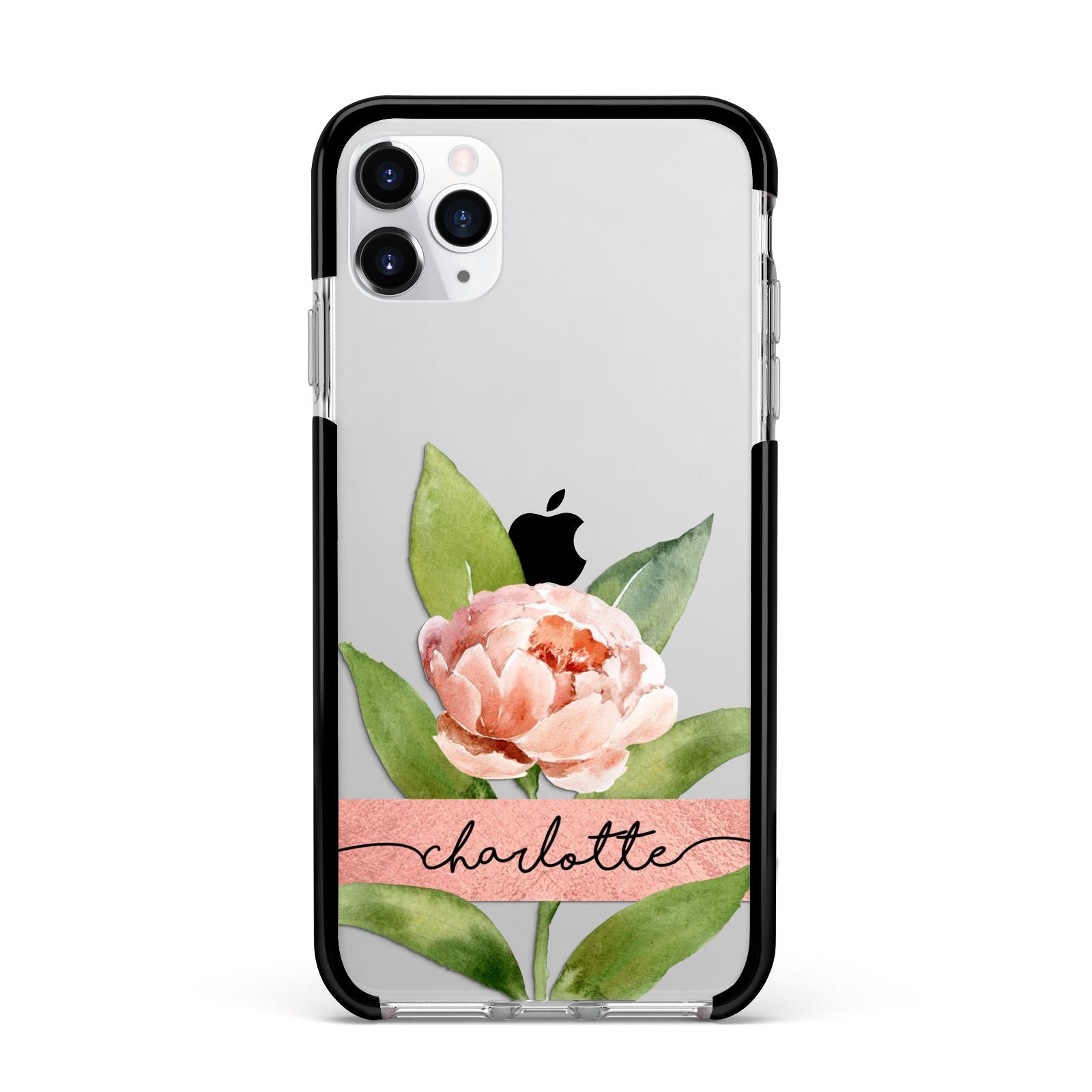 Personalised Pink Peony Apple iPhone 11 Pro Max in Silver with Black Impact Case