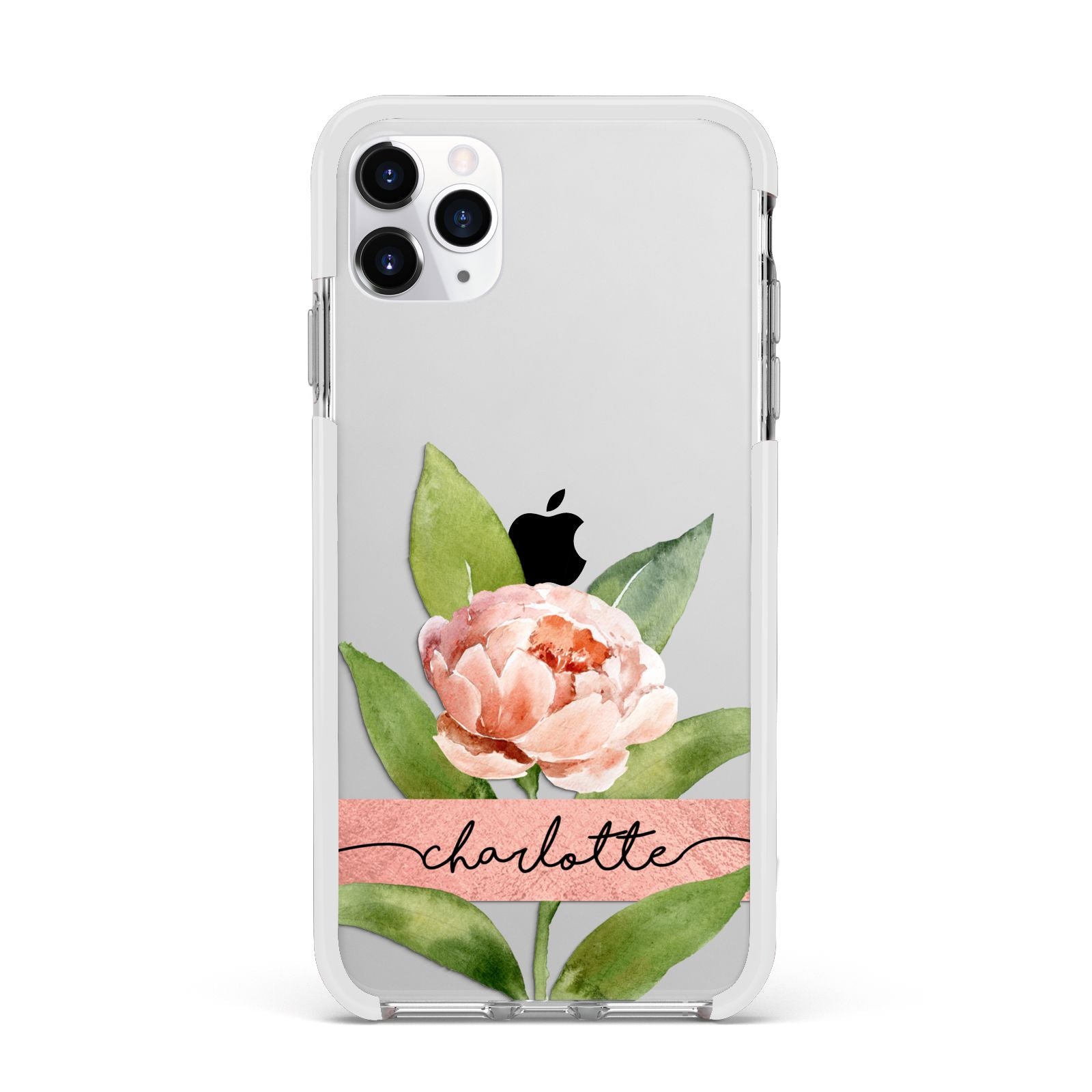 Personalised Pink Peony Apple iPhone 11 Pro Max in Silver with White Impact Case