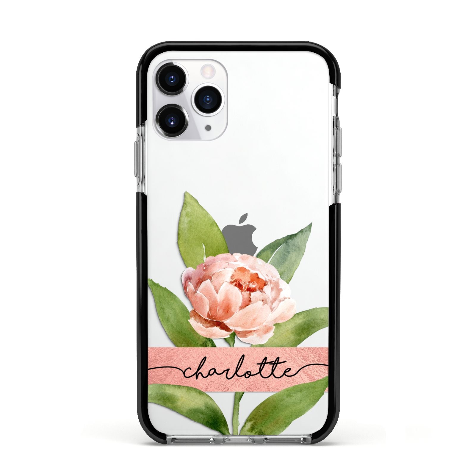 Personalised Pink Peony Apple iPhone 11 Pro in Silver with Black Impact Case