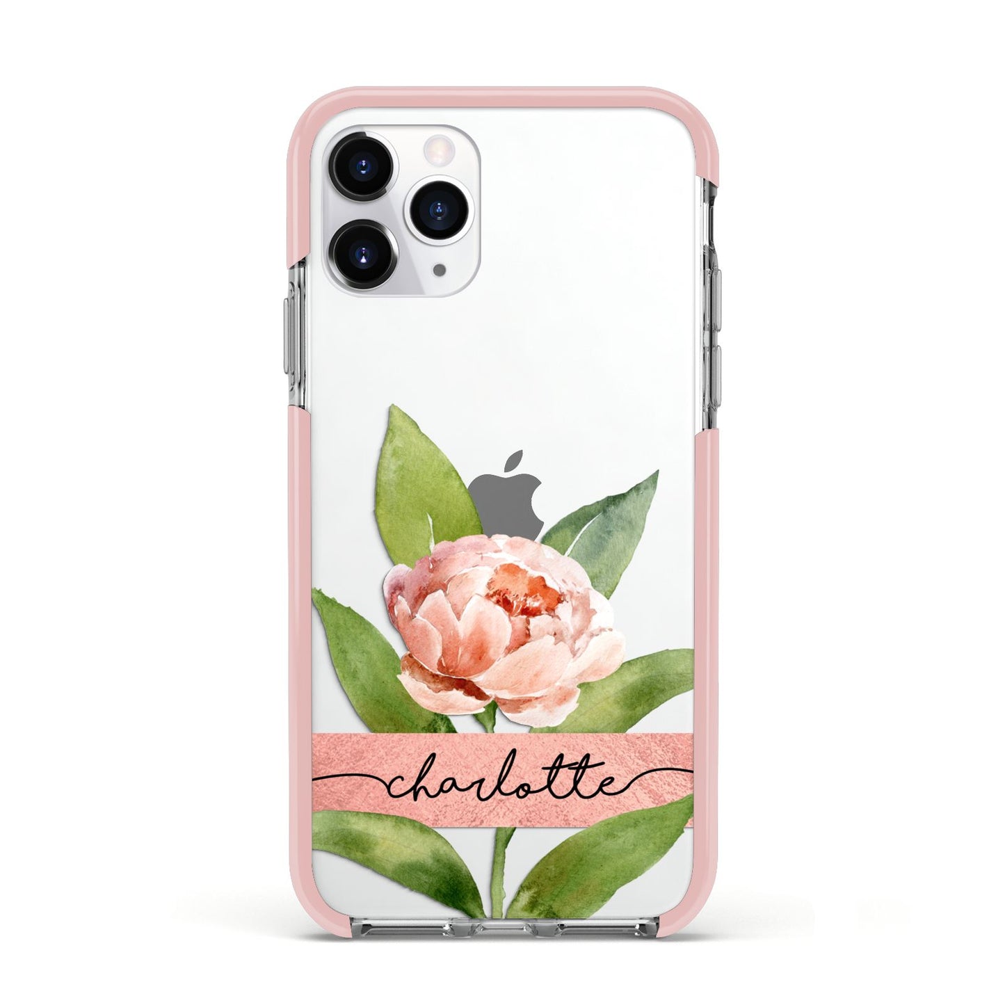 Personalised Pink Peony Apple iPhone 11 Pro in Silver with Pink Impact Case