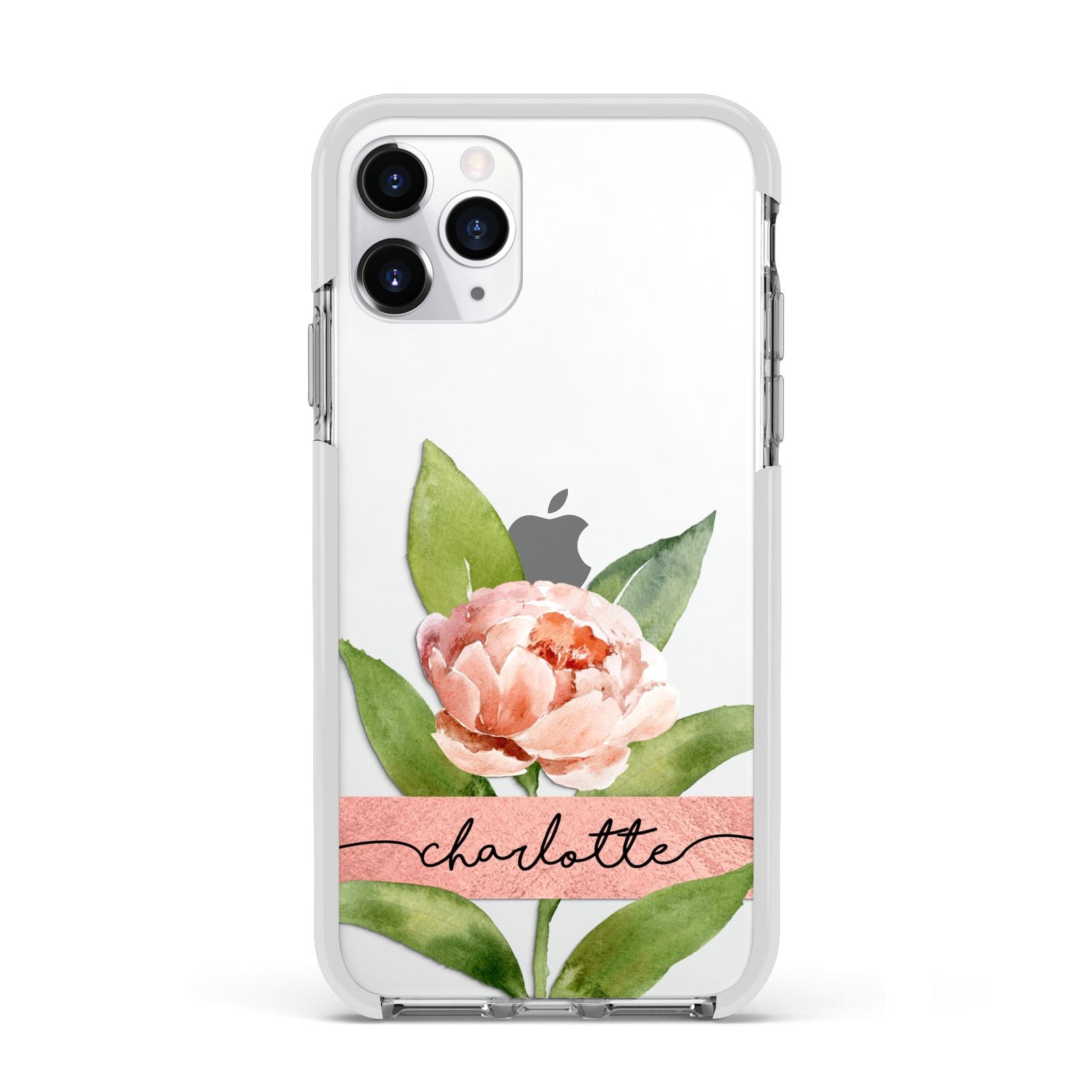 Personalised Pink Peony Apple iPhone 11 Pro in Silver with White Impact Case