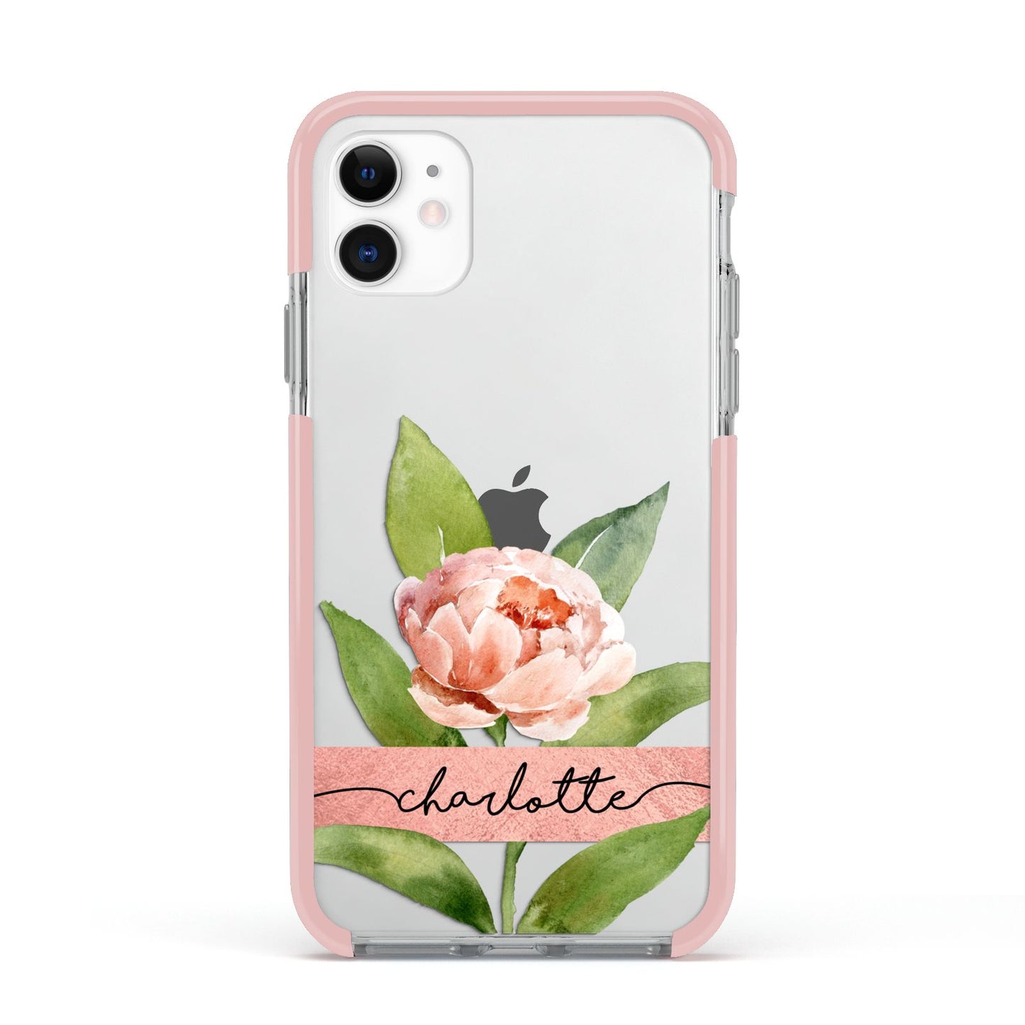 Personalised Pink Peony Apple iPhone 11 in White with Pink Impact Case