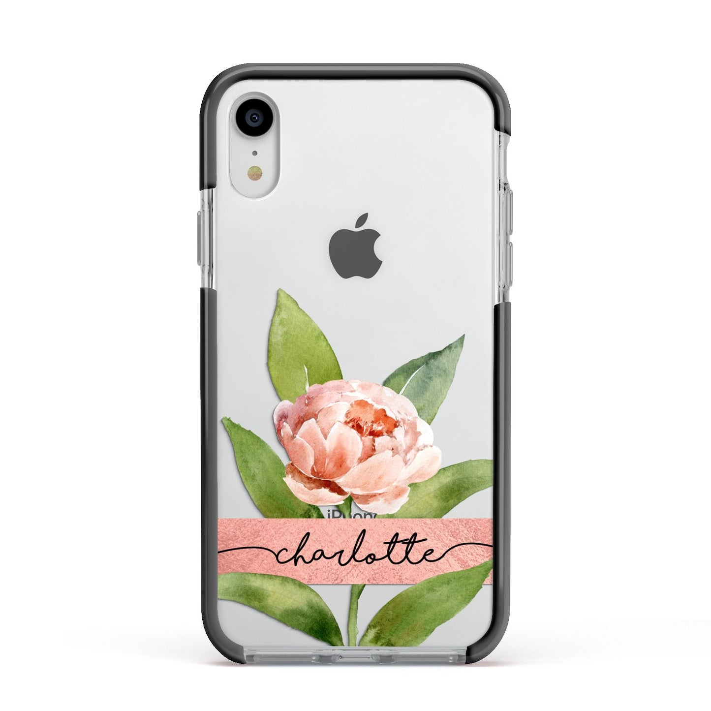 Personalised Pink Peony Apple iPhone XR Impact Case Black Edge on Silver Phone