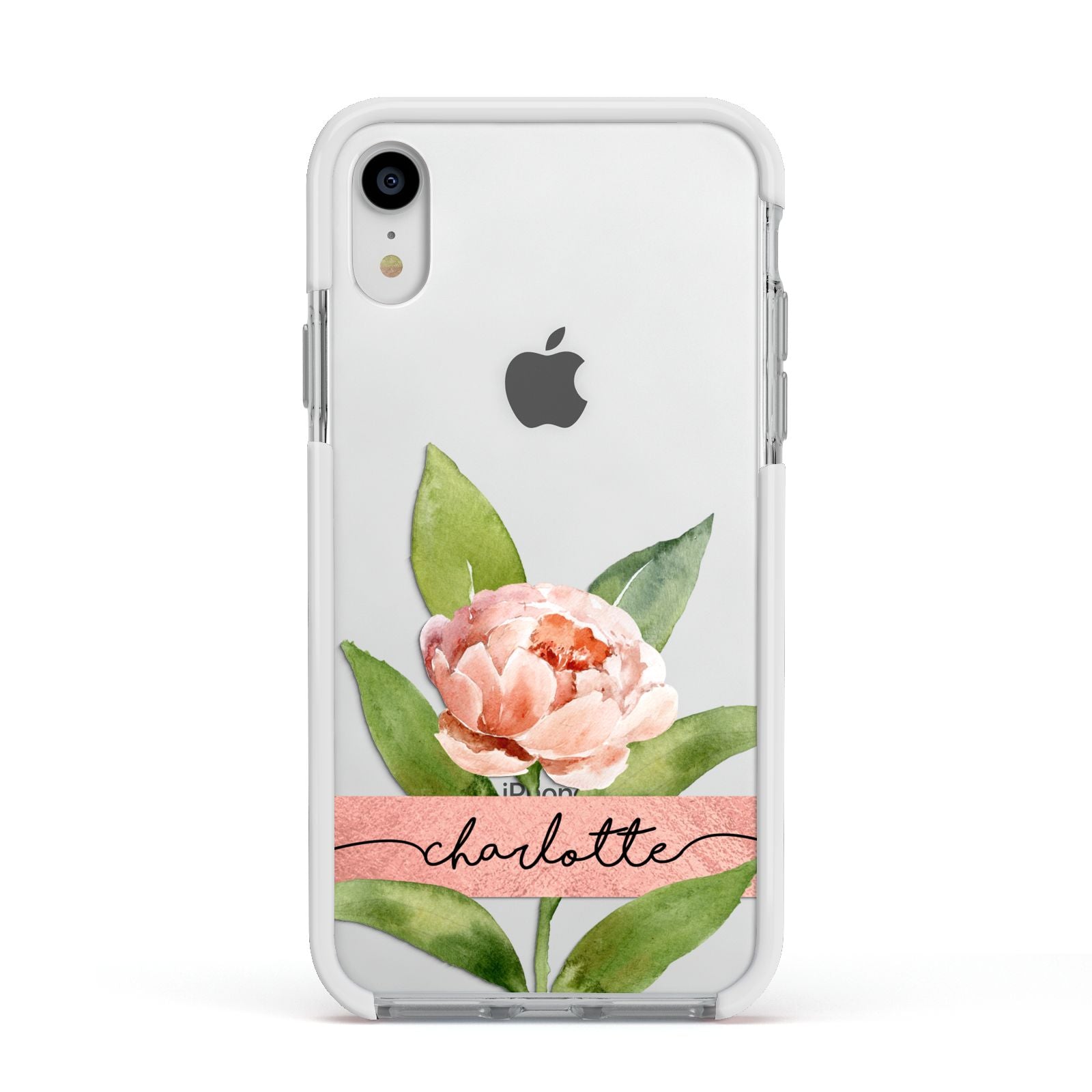 Personalised Pink Peony Apple iPhone XR Impact Case White Edge on Silver Phone