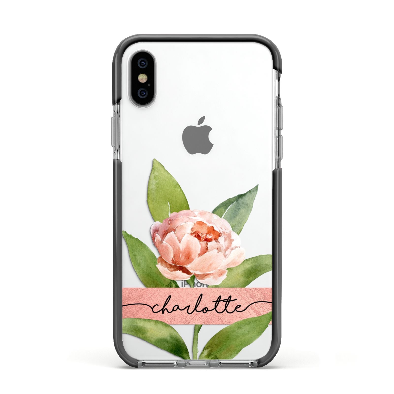 Personalised Pink Peony Apple iPhone Xs Impact Case Black Edge on Silver Phone