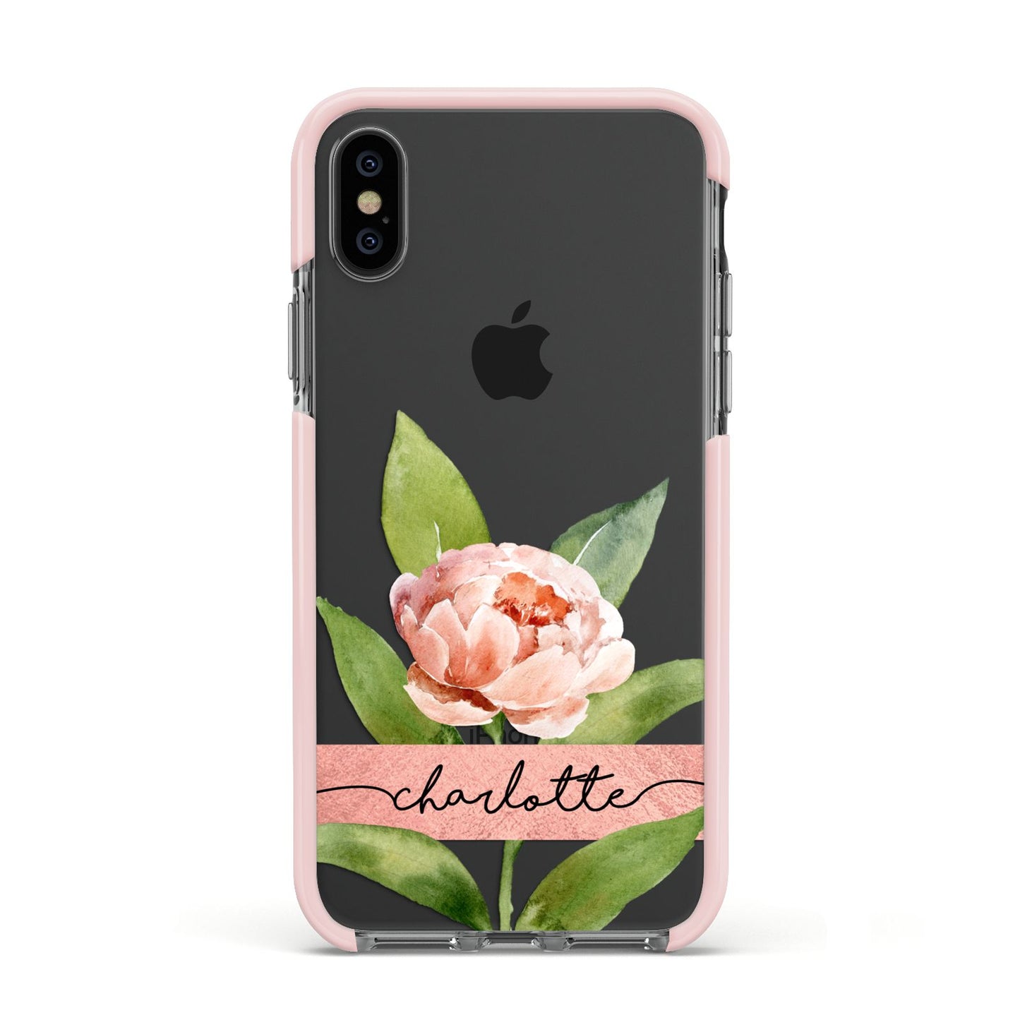 Personalised Pink Peony Apple iPhone Xs Impact Case Pink Edge on Black Phone