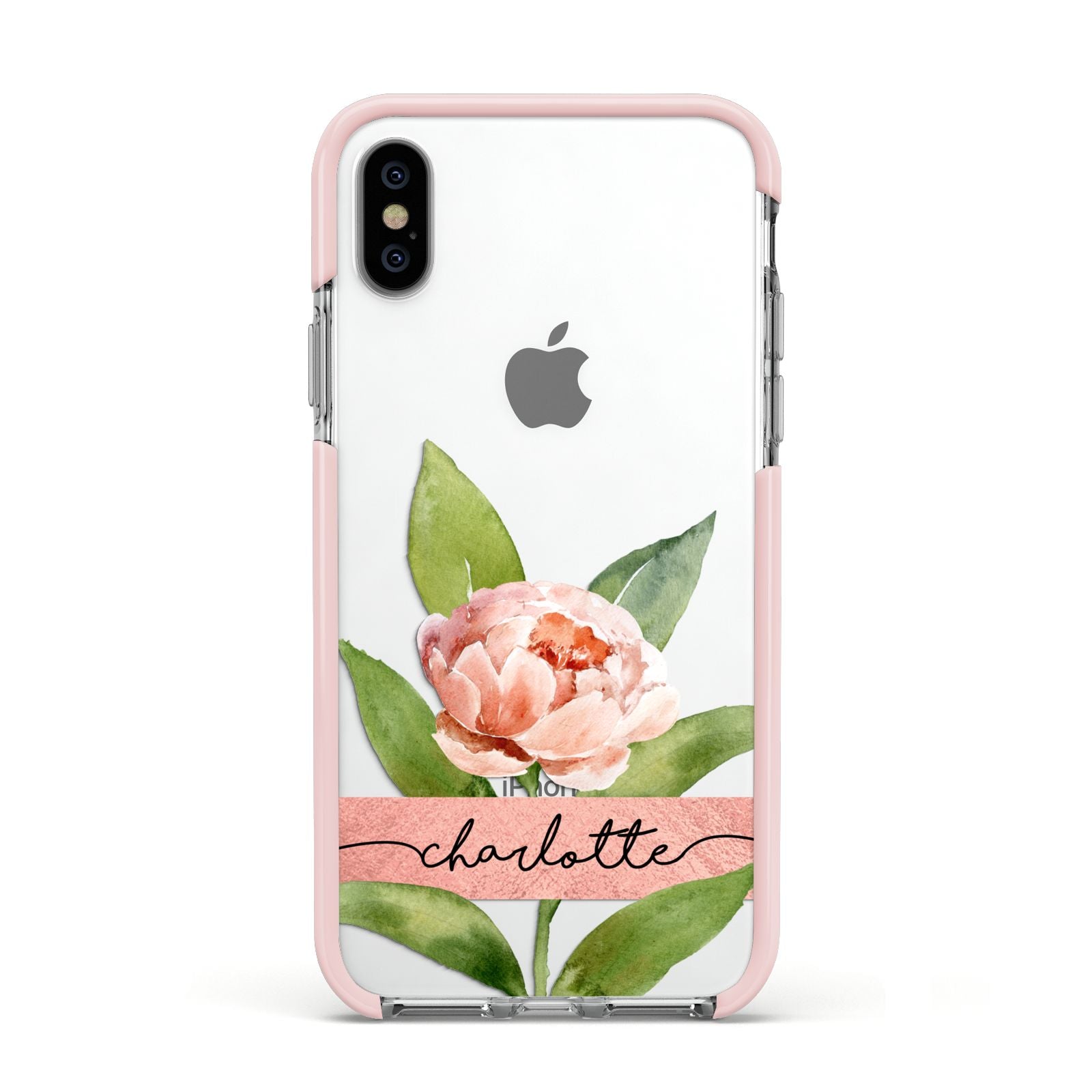 Personalised Pink Peony Apple iPhone Xs Impact Case Pink Edge on Silver Phone