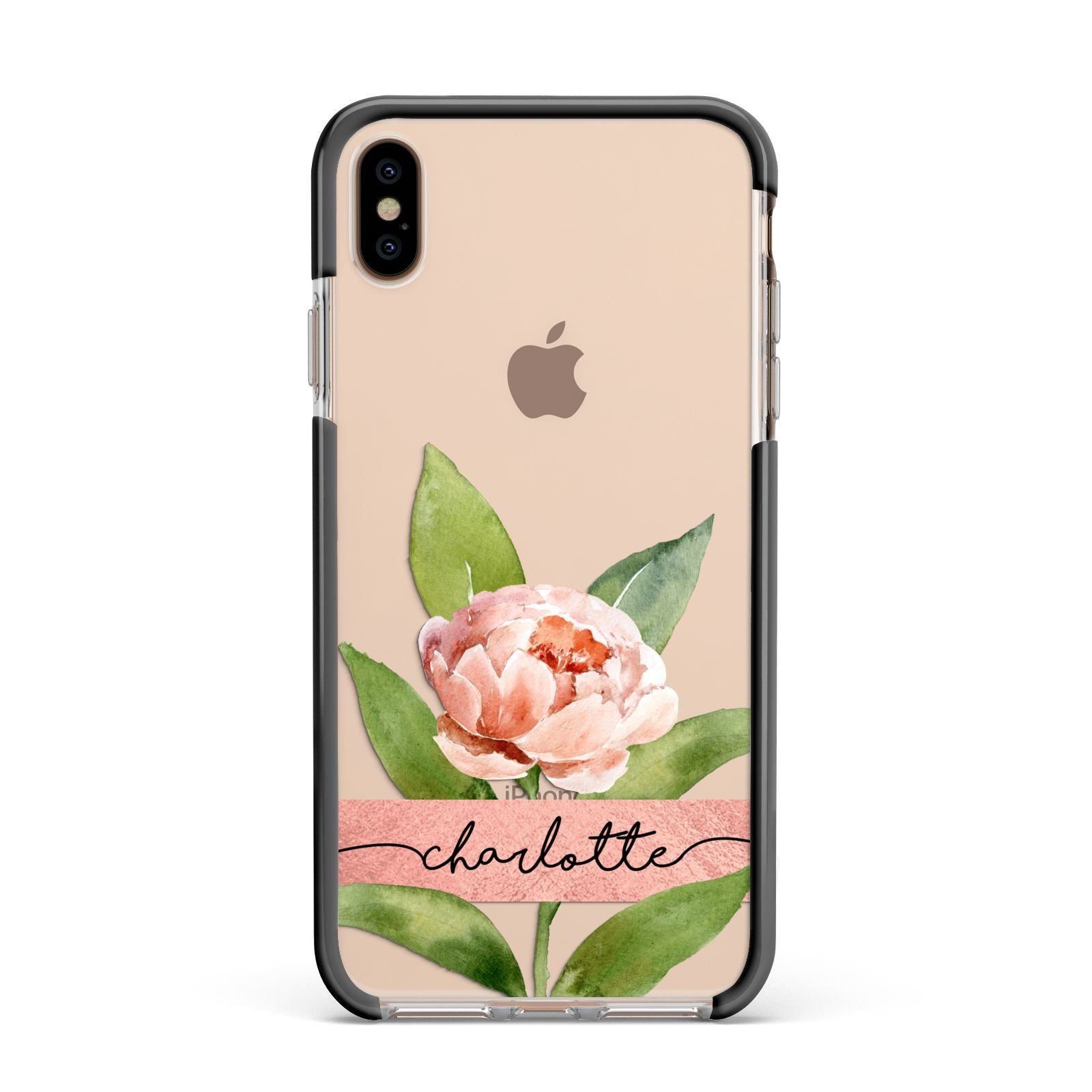 Personalised Pink Peony Apple iPhone Xs Max Impact Case Black Edge on Gold Phone