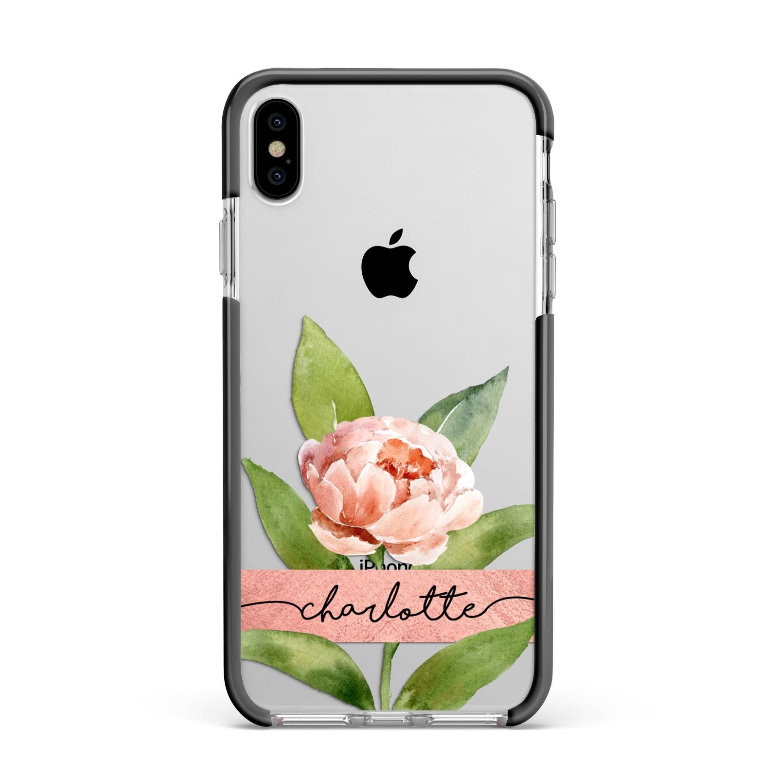 Personalised Pink Peony Apple iPhone Xs Max Impact Case Black Edge on Silver Phone
