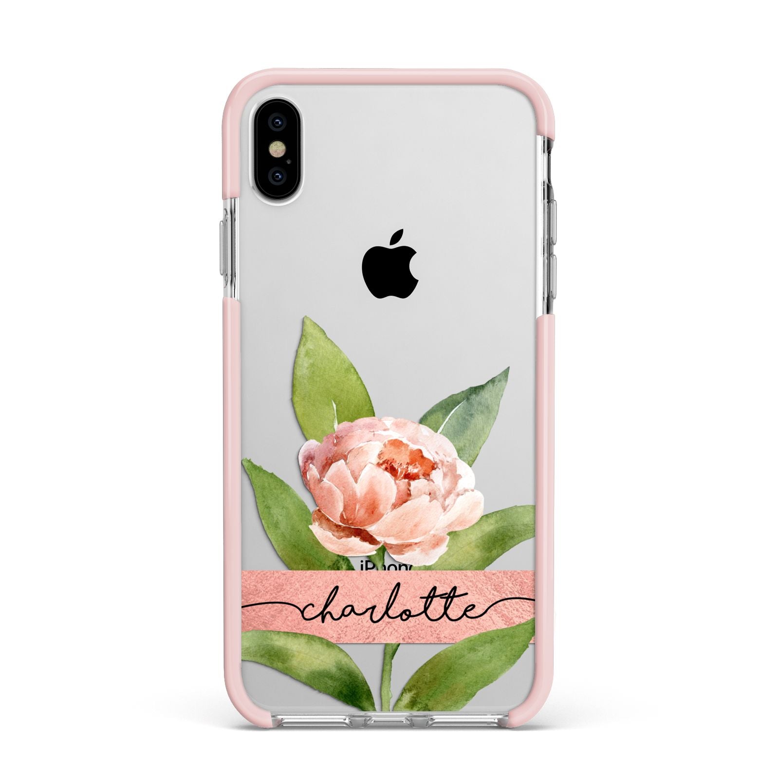 Personalised Pink Peony Apple iPhone Xs Max Impact Case Pink Edge on Silver Phone