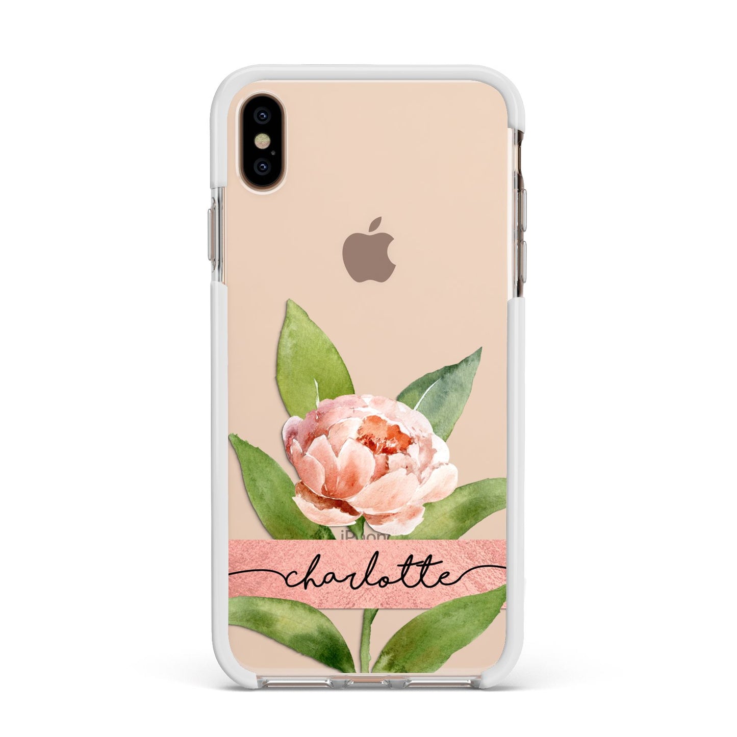 Personalised Pink Peony Apple iPhone Xs Max Impact Case White Edge on Gold Phone