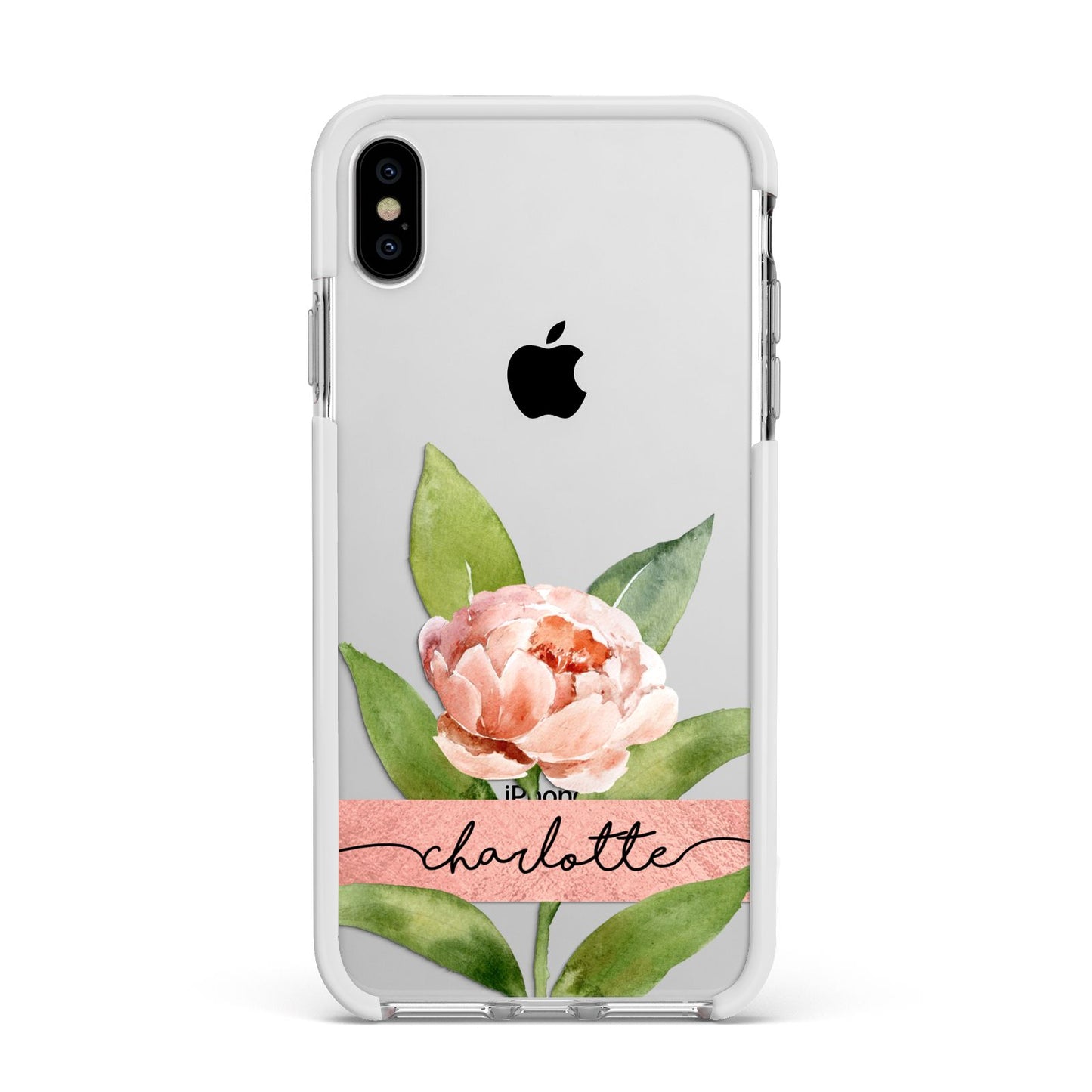 Personalised Pink Peony Apple iPhone Xs Max Impact Case White Edge on Silver Phone