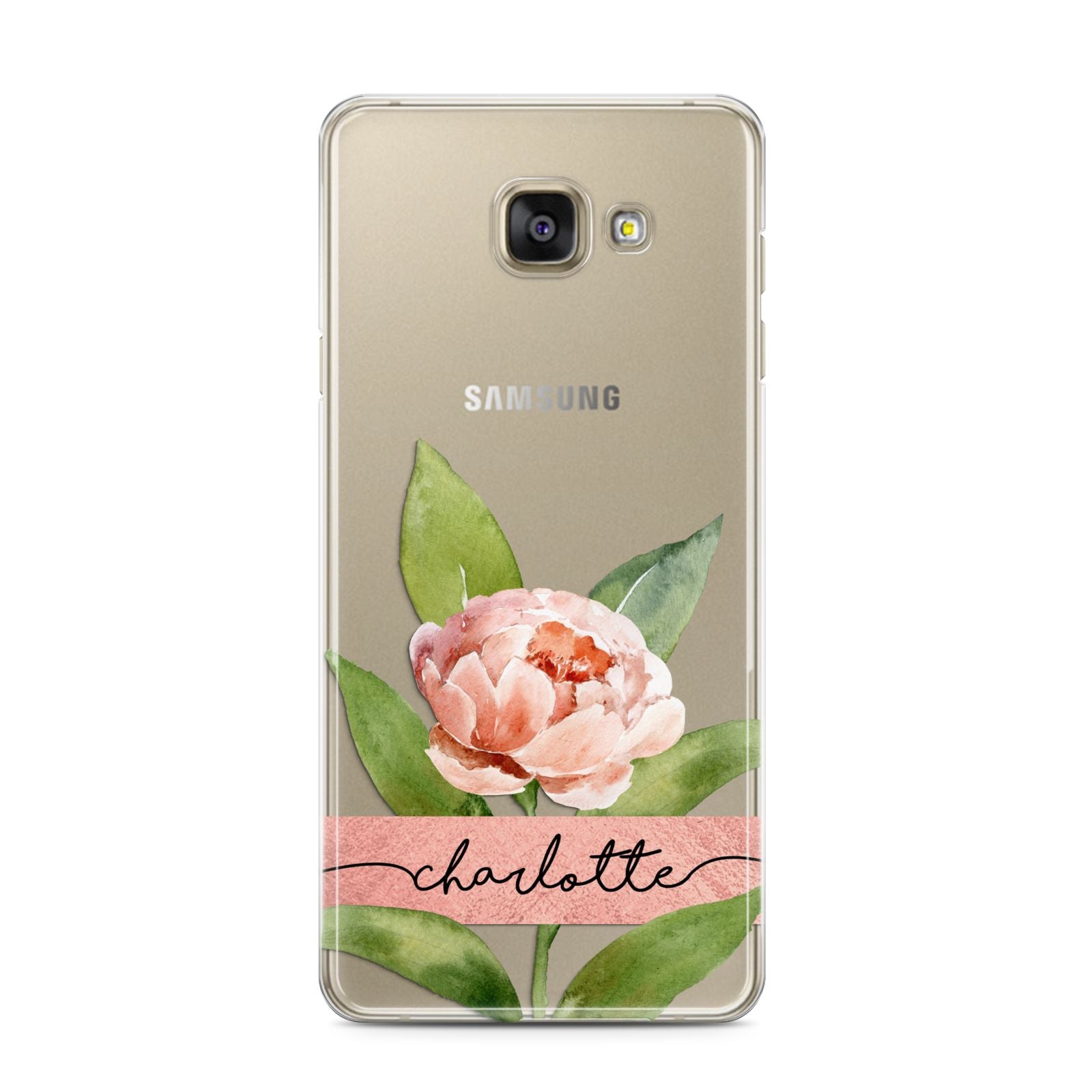 Personalised Pink Peony Samsung Galaxy A3 2016 Case on gold phone