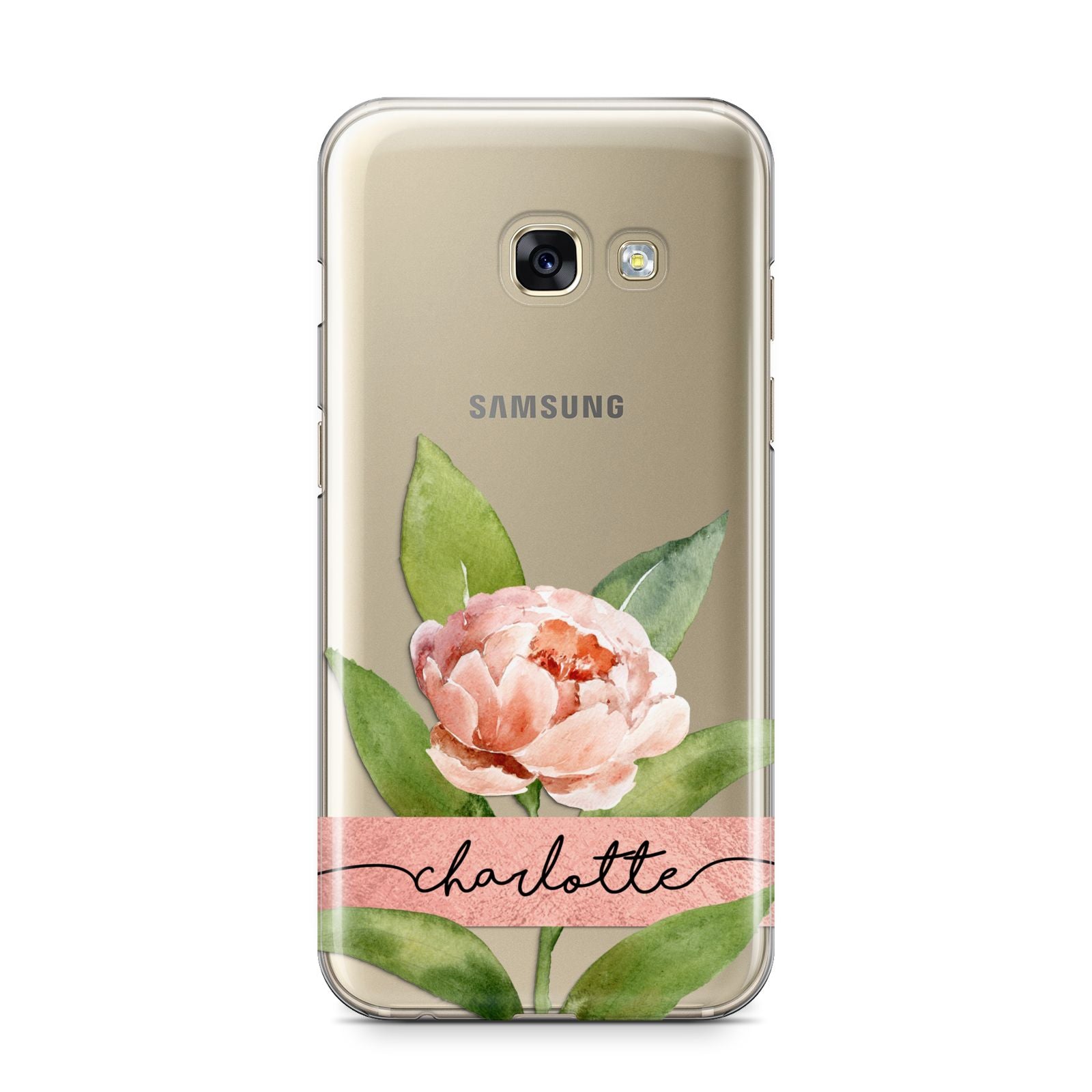 Personalised Pink Peony Samsung Galaxy A3 2017 Case on gold phone
