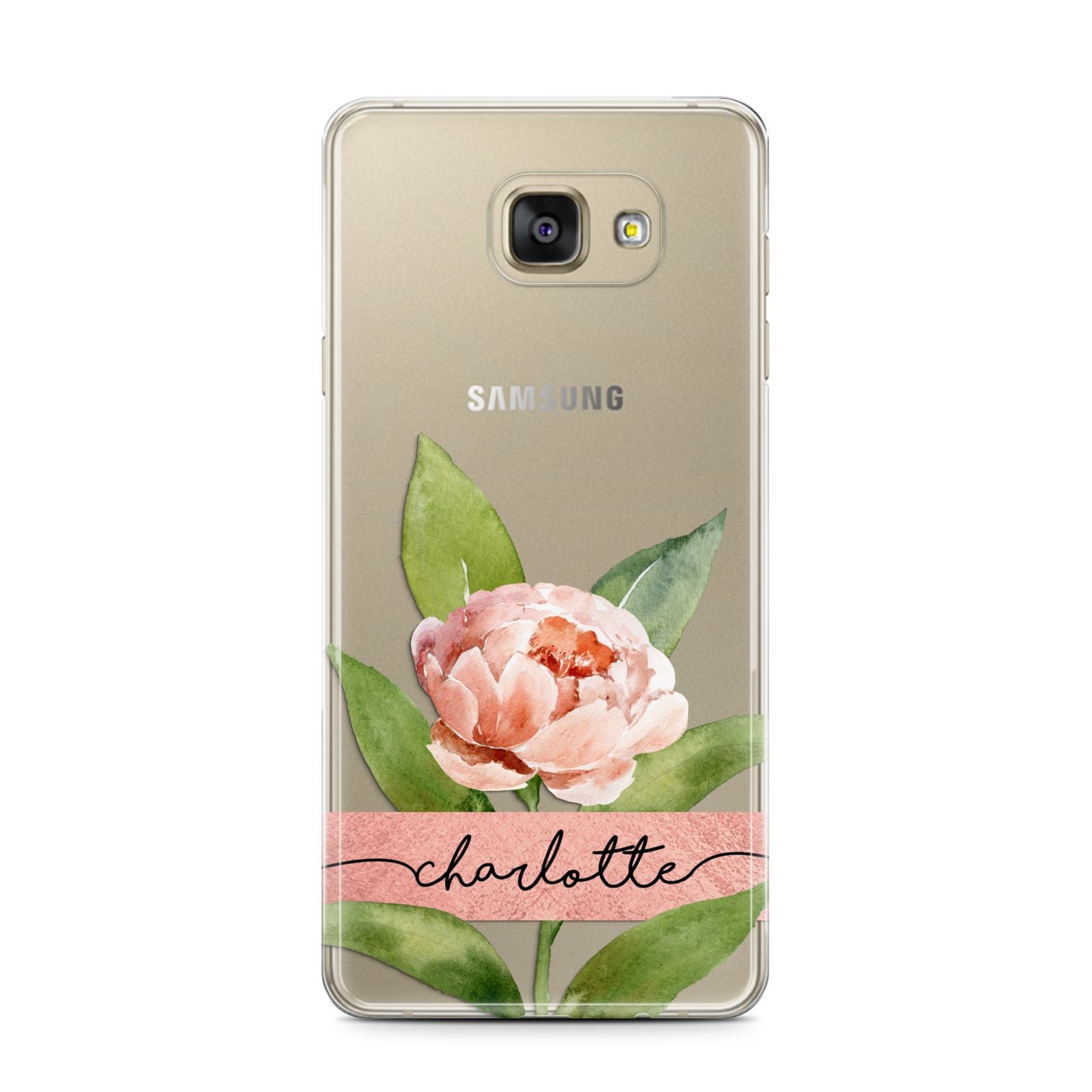 Personalised Pink Peony Samsung Galaxy A7 2016 Case on gold phone