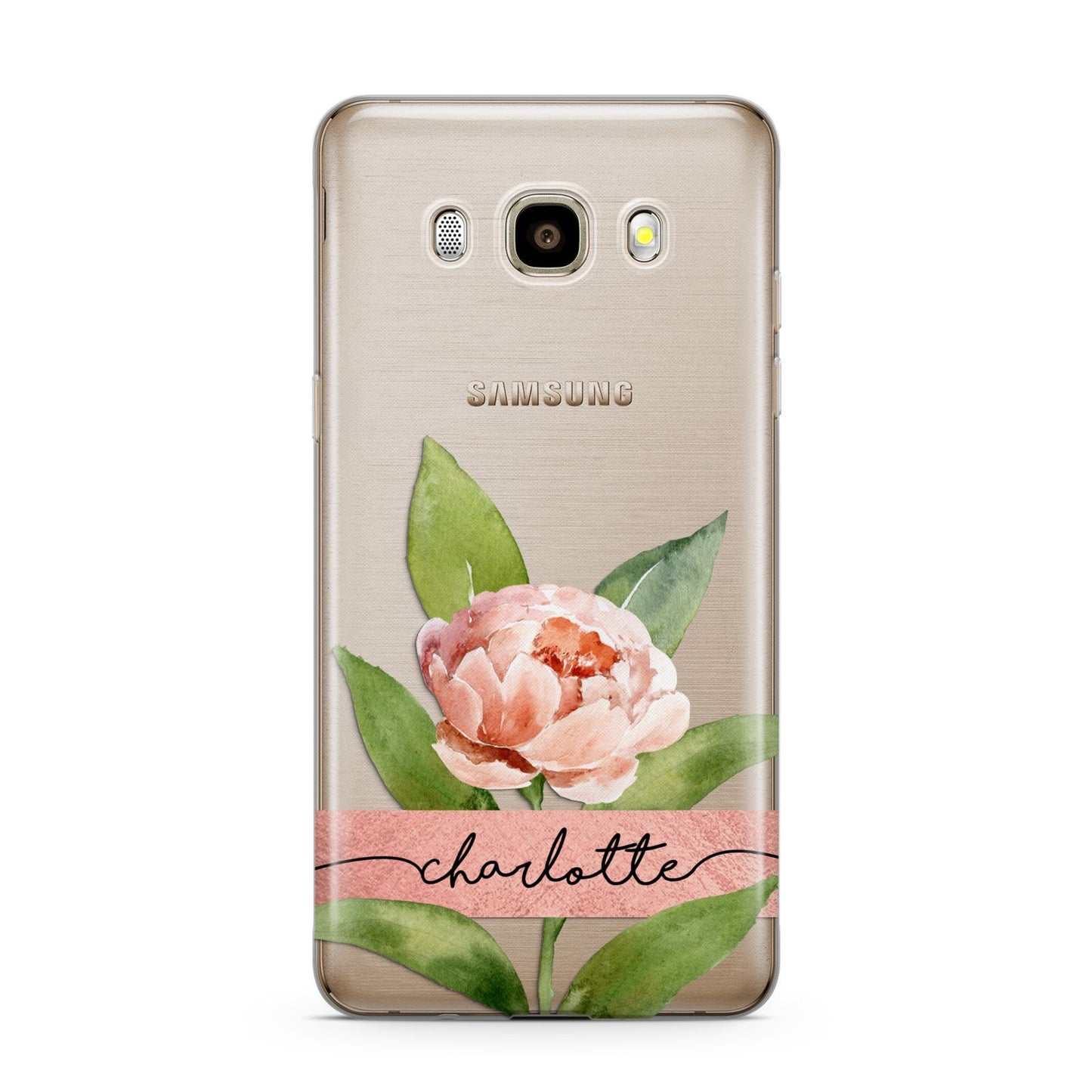 Personalised Pink Peony Samsung Galaxy J7 2016 Case on gold phone