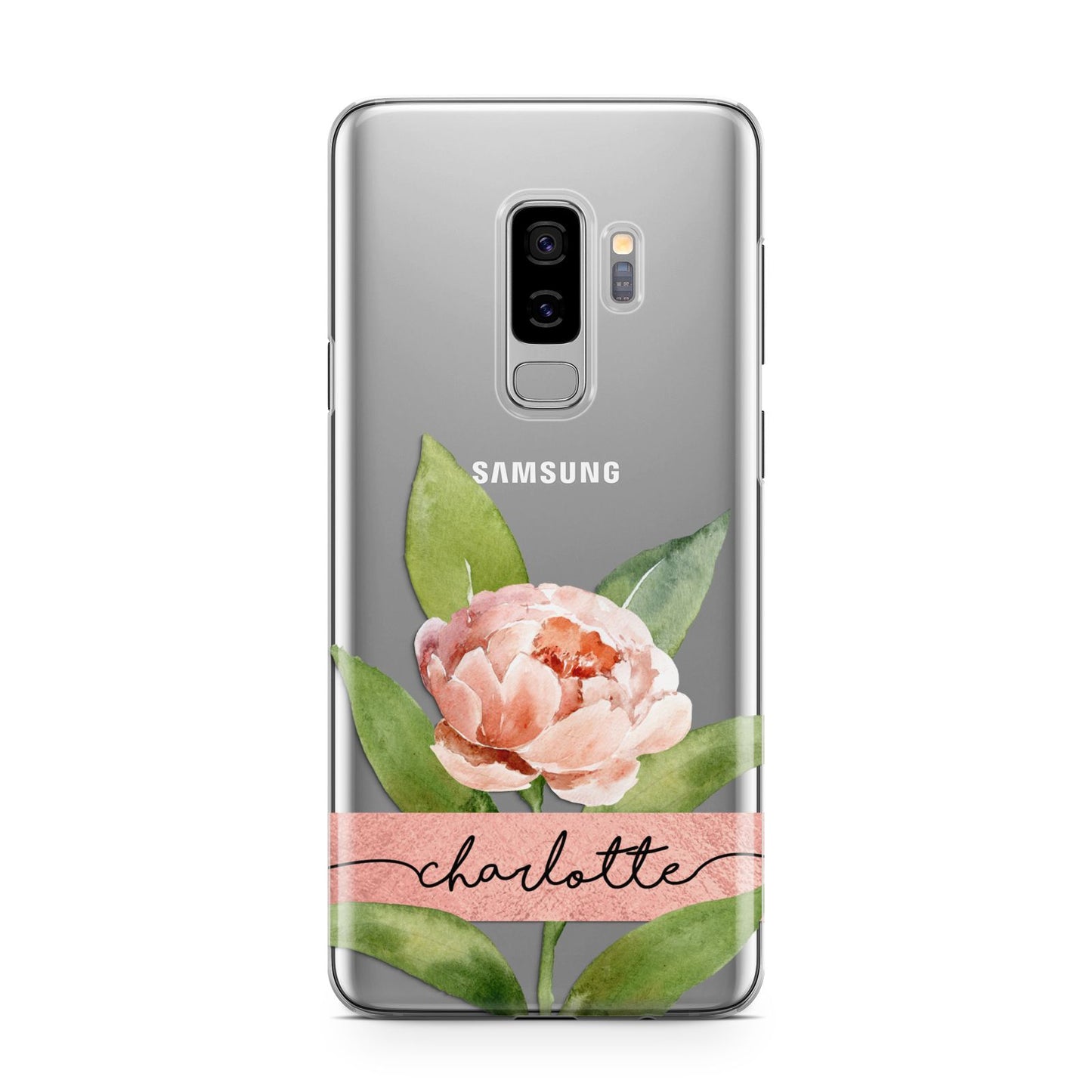 Personalised Pink Peony Samsung Galaxy S9 Plus Case on Silver phone