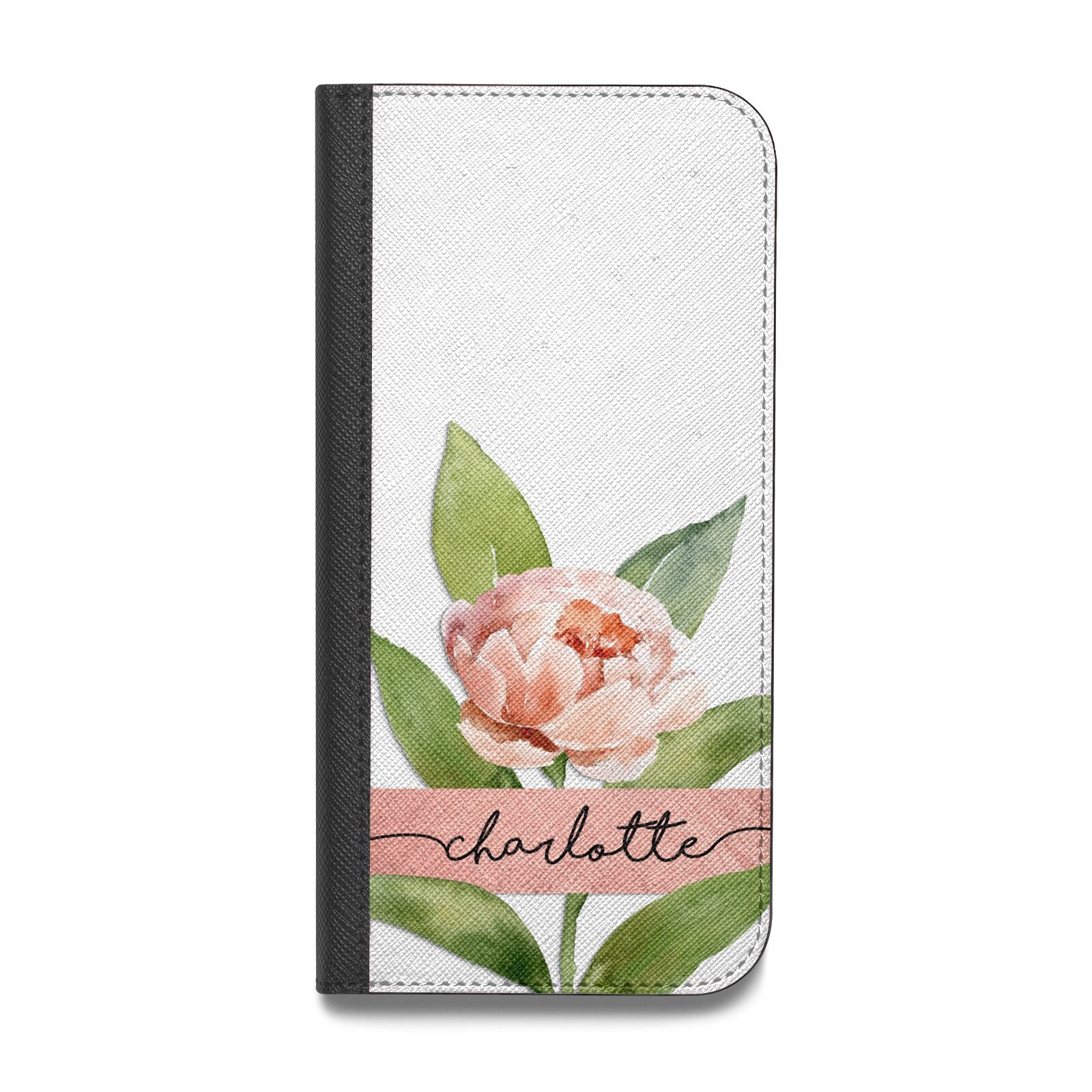 Personalised Pink Peony Vegan Leather Flip iPhone Case