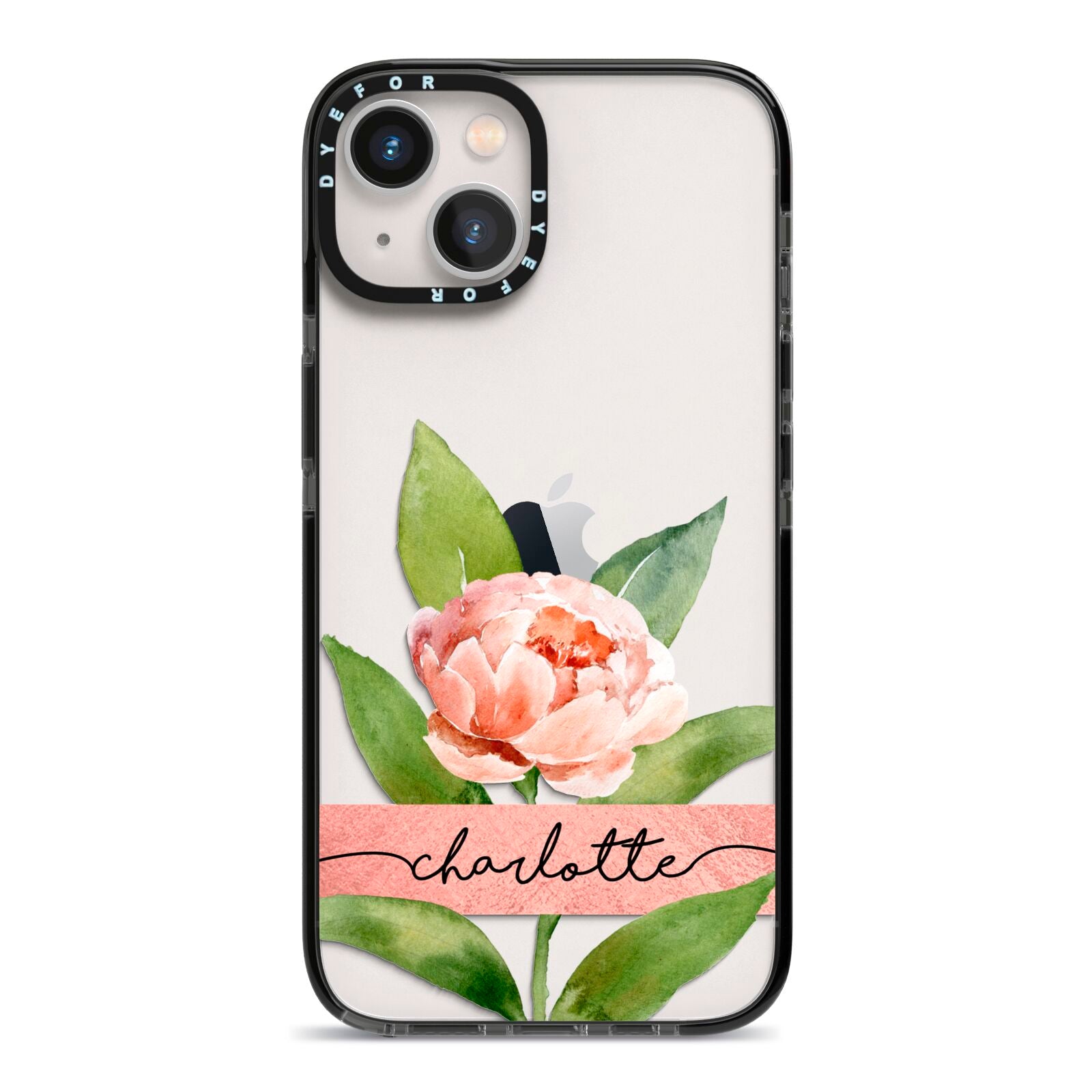 Personalised Pink Peony iPhone 13 Black Impact Case on Silver phone