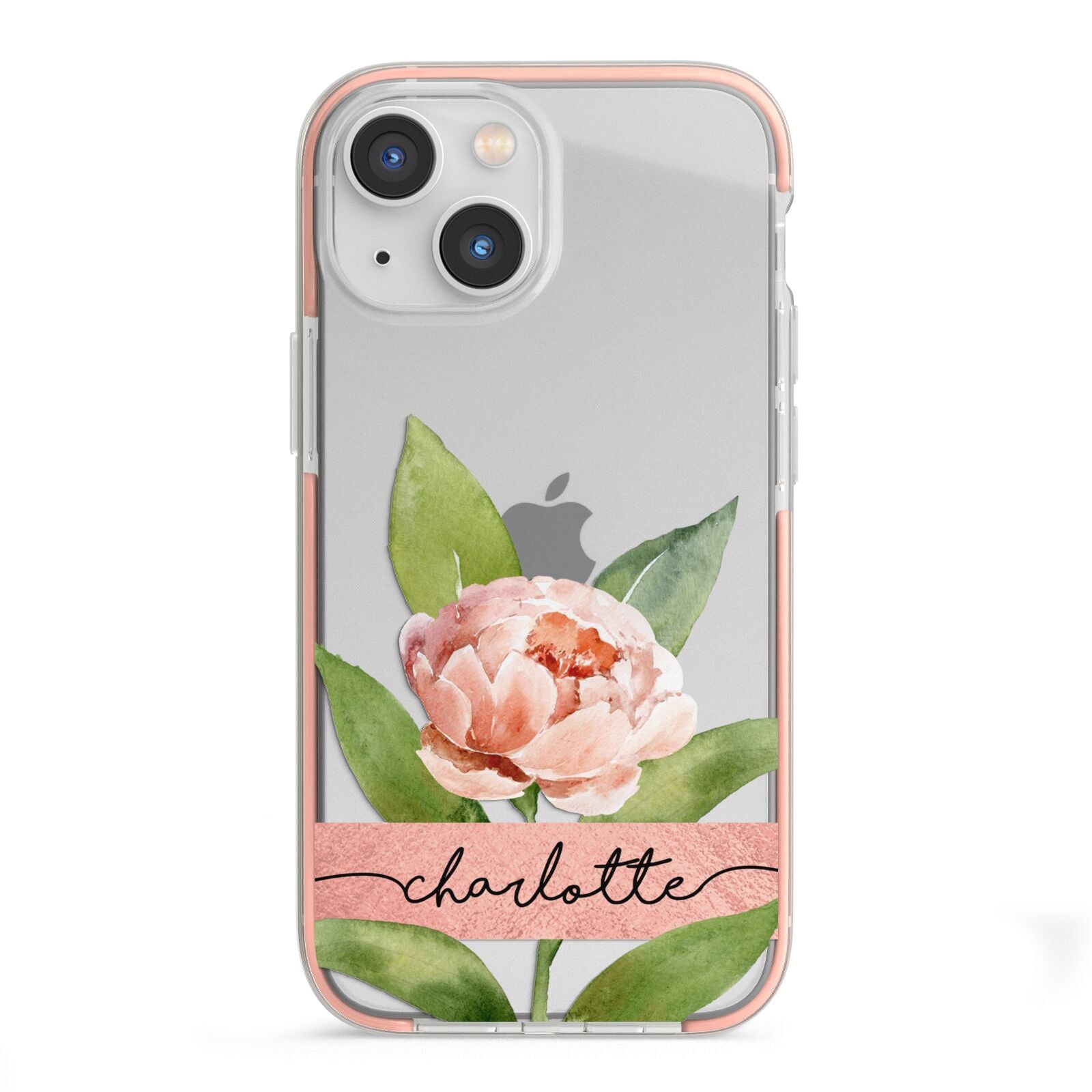 Personalised Pink Peony iPhone 13 Mini TPU Impact Case with Pink Edges