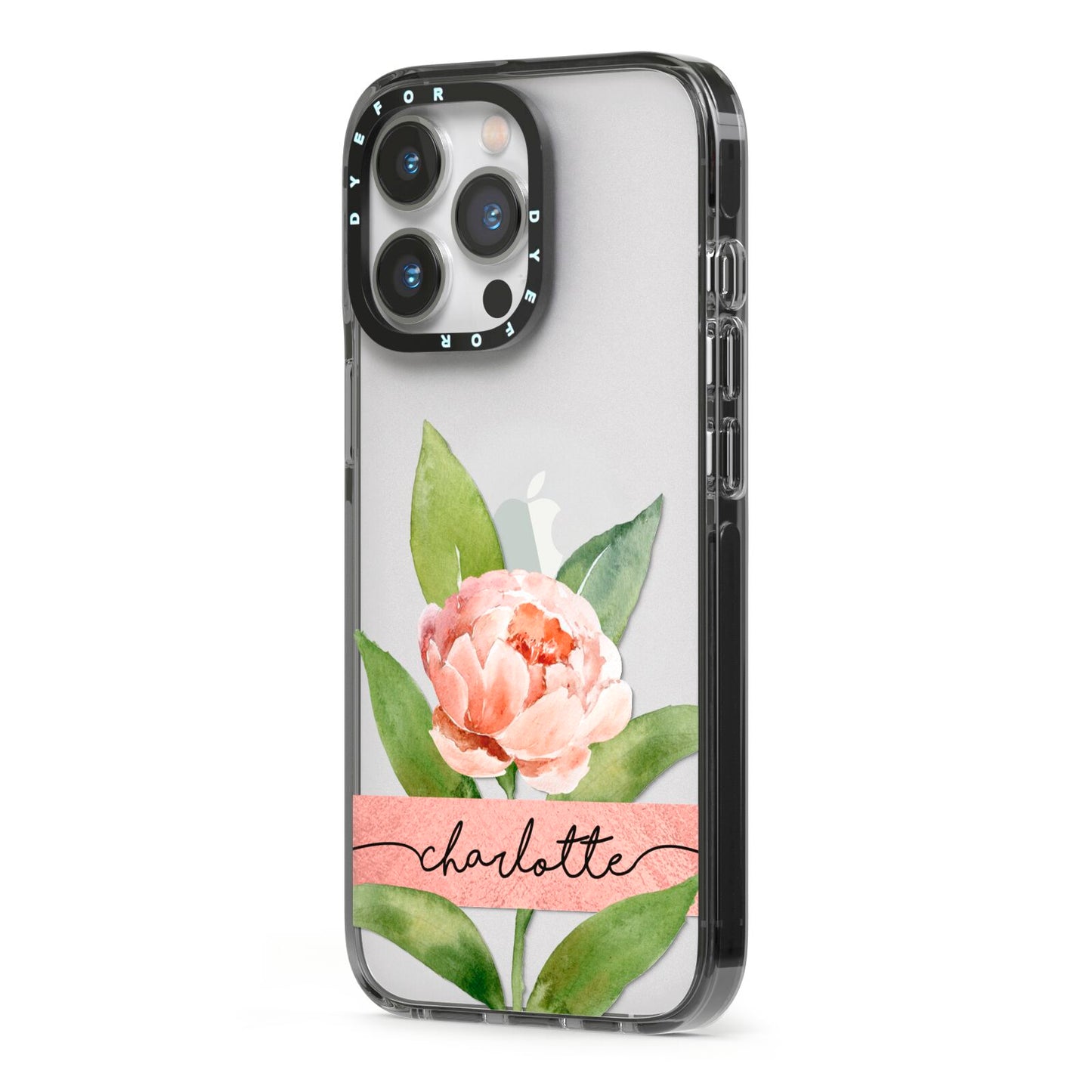 Personalised Pink Peony iPhone 13 Pro Black Impact Case Side Angle on Silver phone