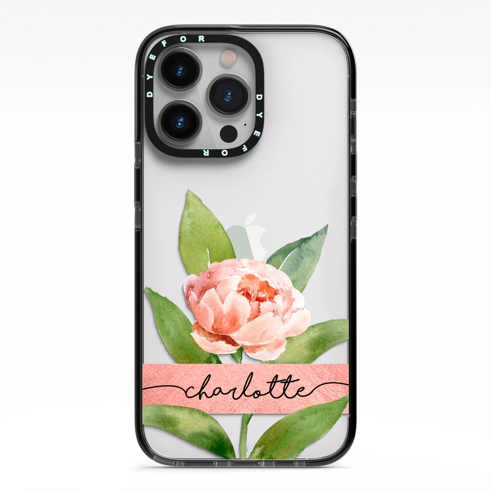 Personalised Pink Peony iPhone 13 Pro Black Impact Case on Silver phone