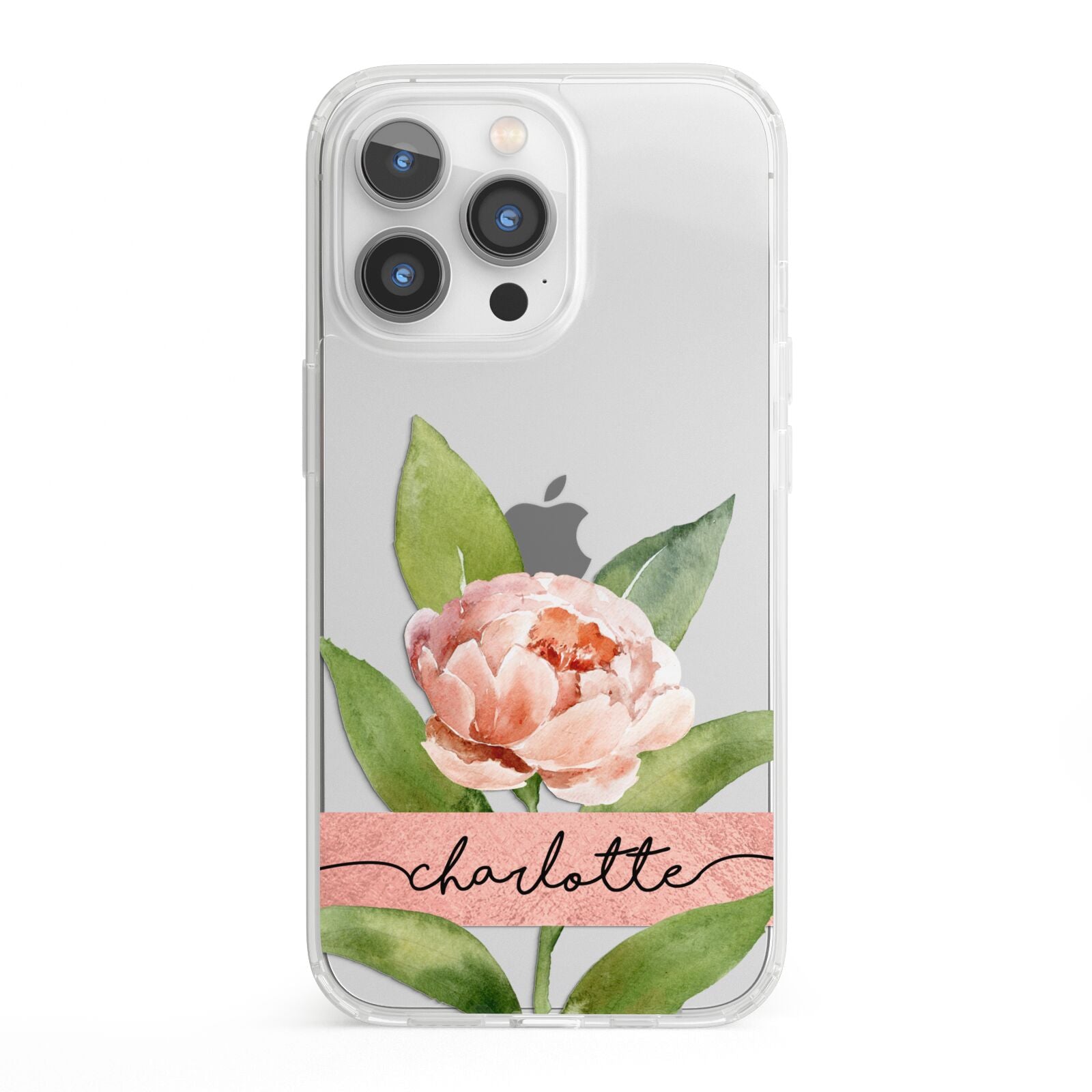Personalised Pink Peony iPhone 13 Pro Clear Bumper Case