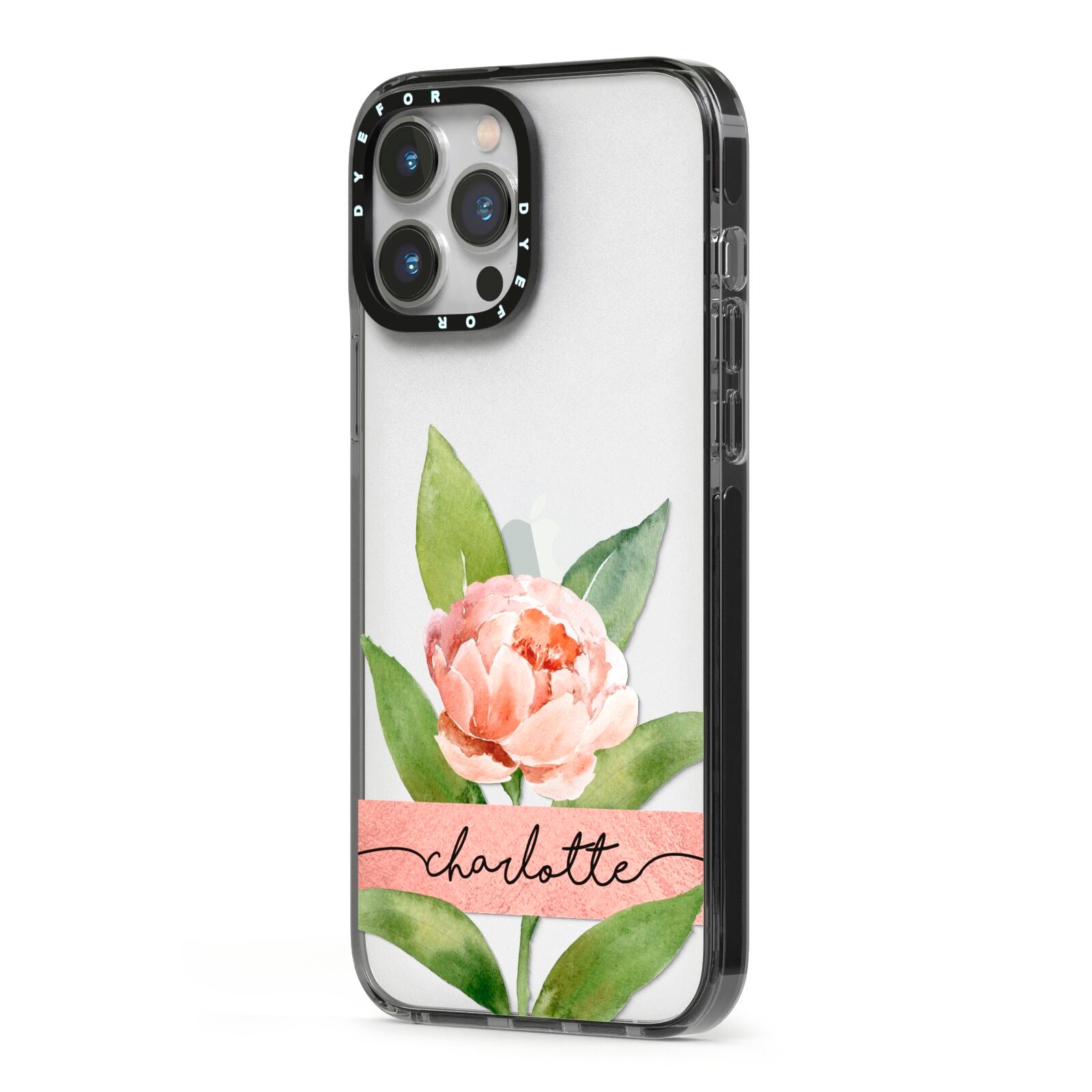 Personalised Pink Peony iPhone 13 Pro Max Black Impact Case Side Angle on Silver phone