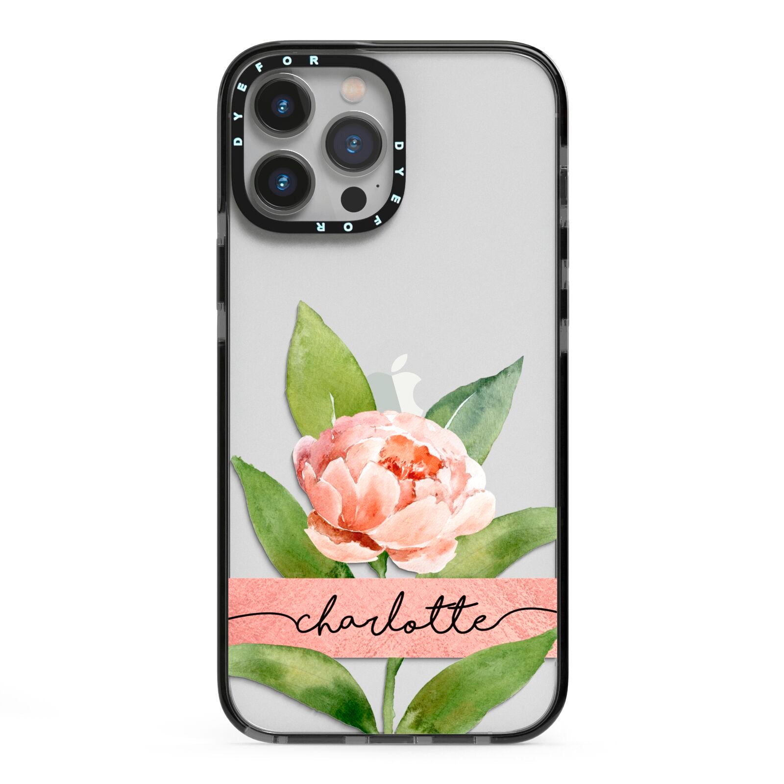 Personalised Pink Peony iPhone 13 Pro Max Black Impact Case on Silver phone
