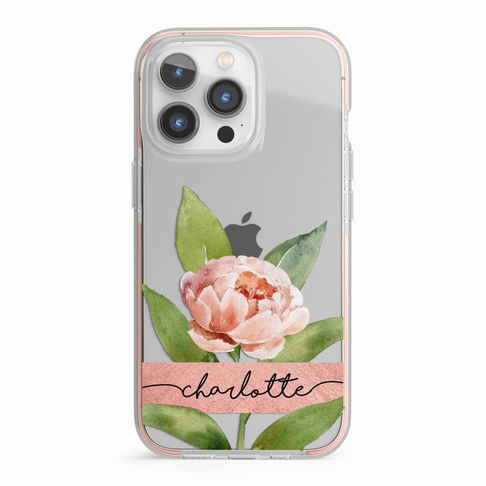 Personalised Pink Peony iPhone 13 Pro TPU Impact Case with Pink Edges