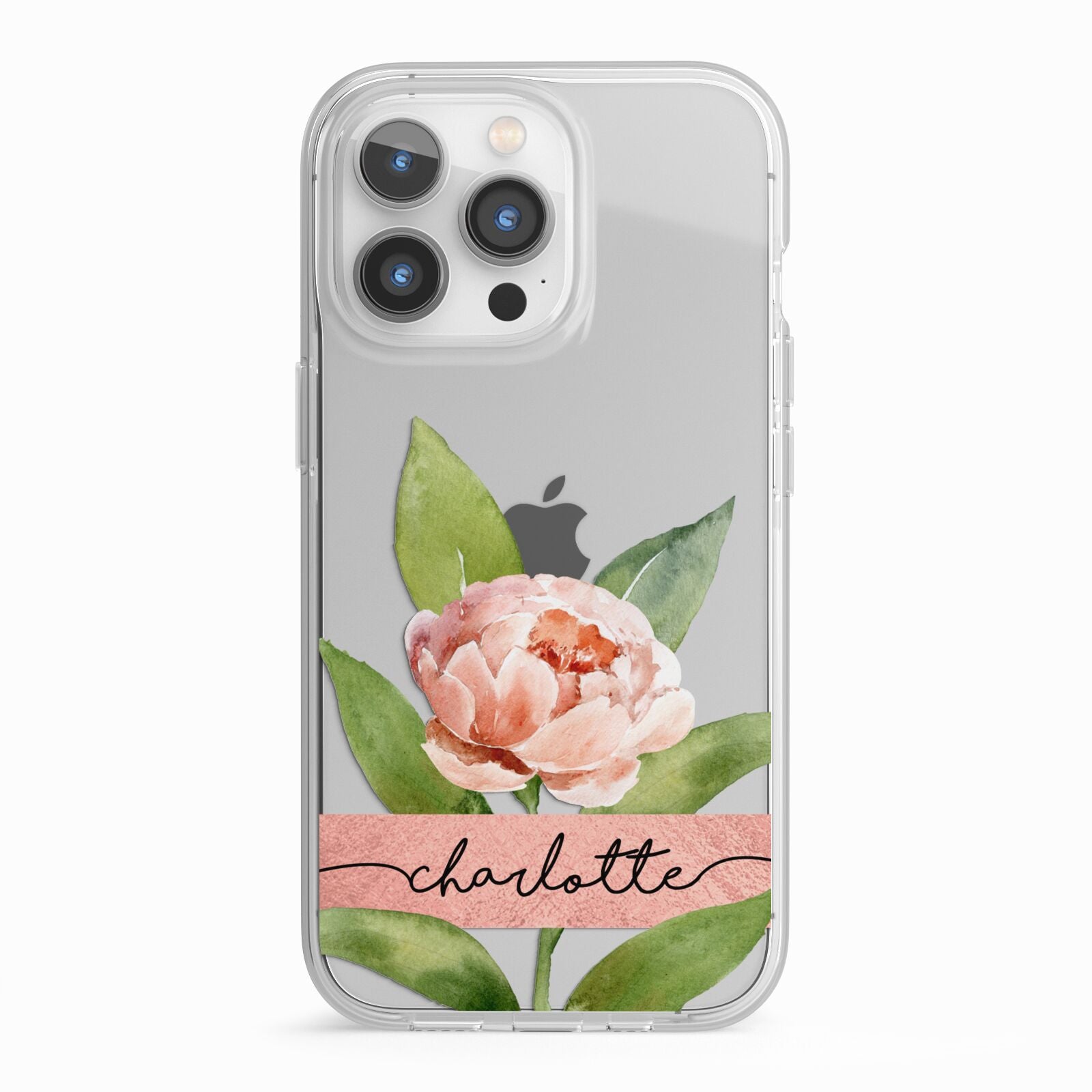 Personalised Pink Peony iPhone 13 Pro TPU Impact Case with White Edges