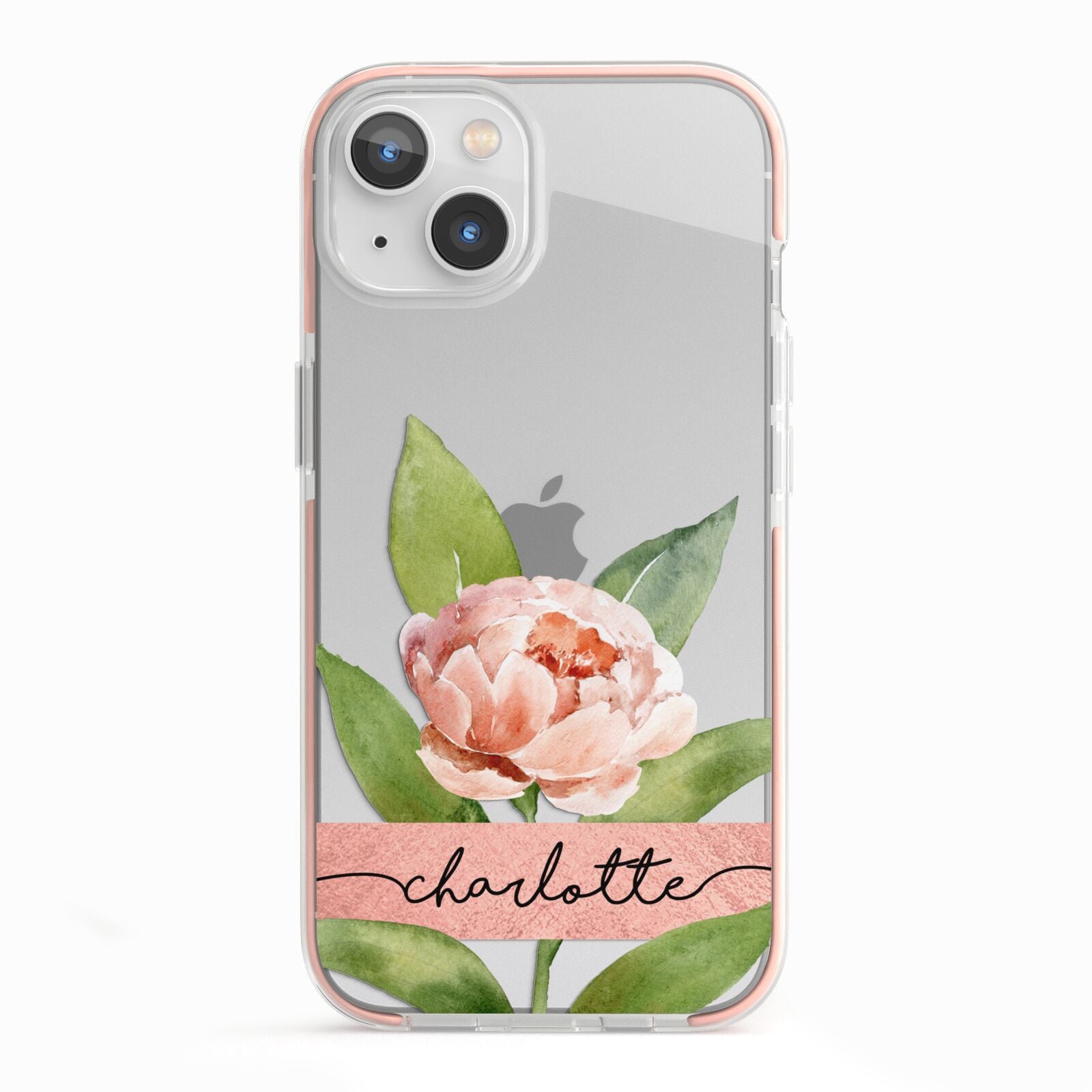 Personalised Pink Peony iPhone 13 TPU Impact Case with Pink Edges
