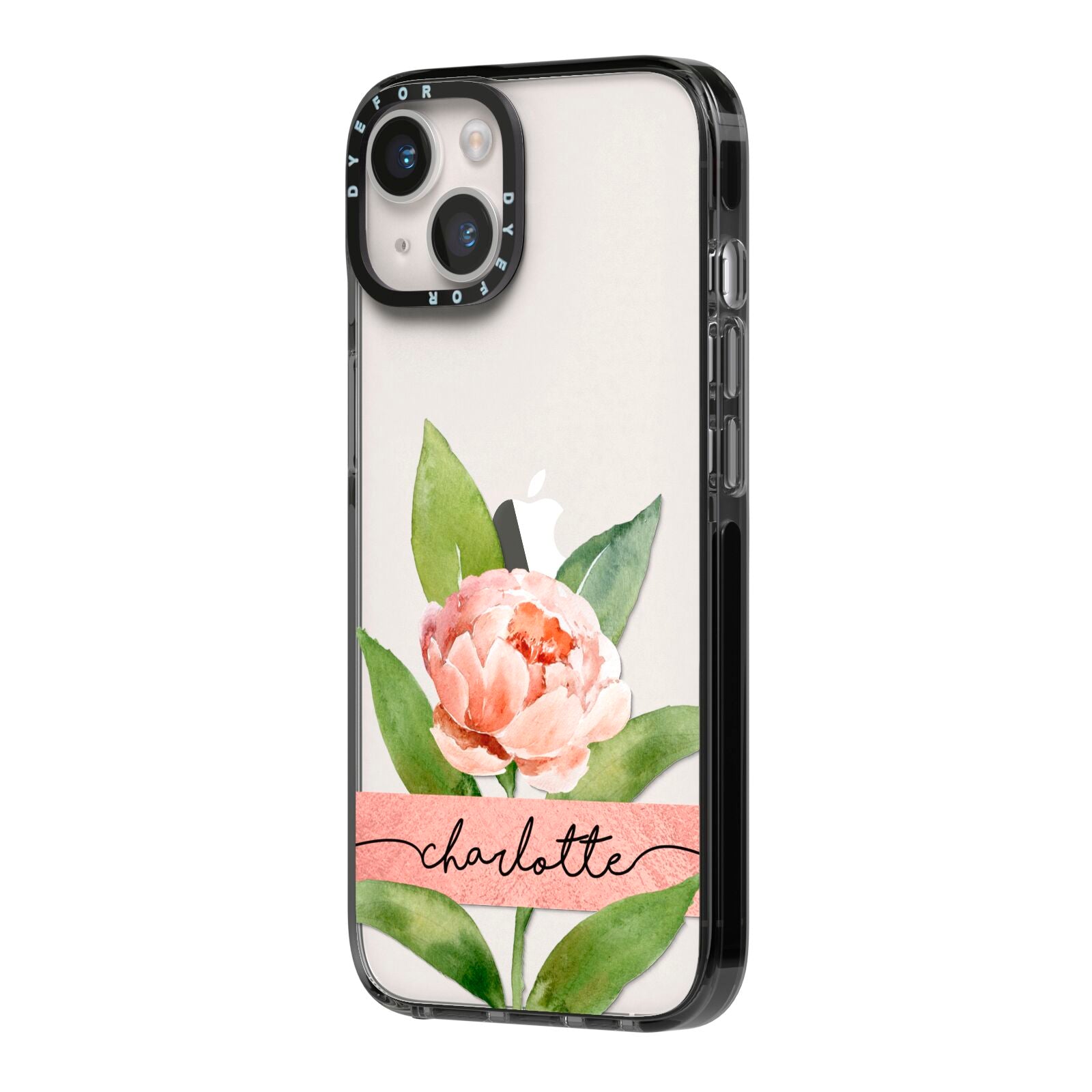 Personalised Pink Peony iPhone 14 Black Impact Case Side Angle on Silver phone